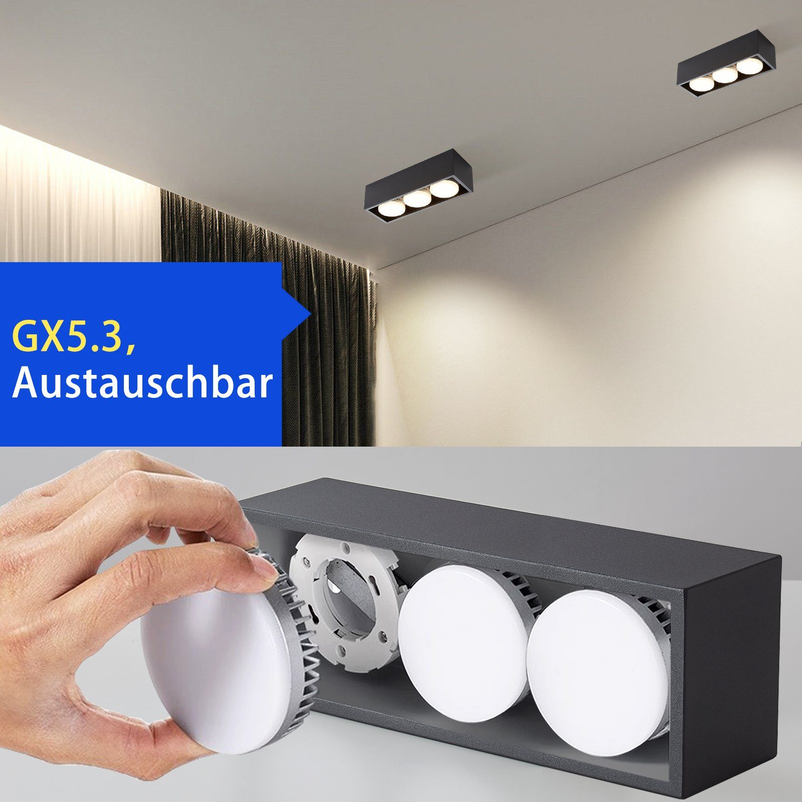 Ręka trzymająca żarówkę. Trzy światła są zainstalowane w czarnej ramie.