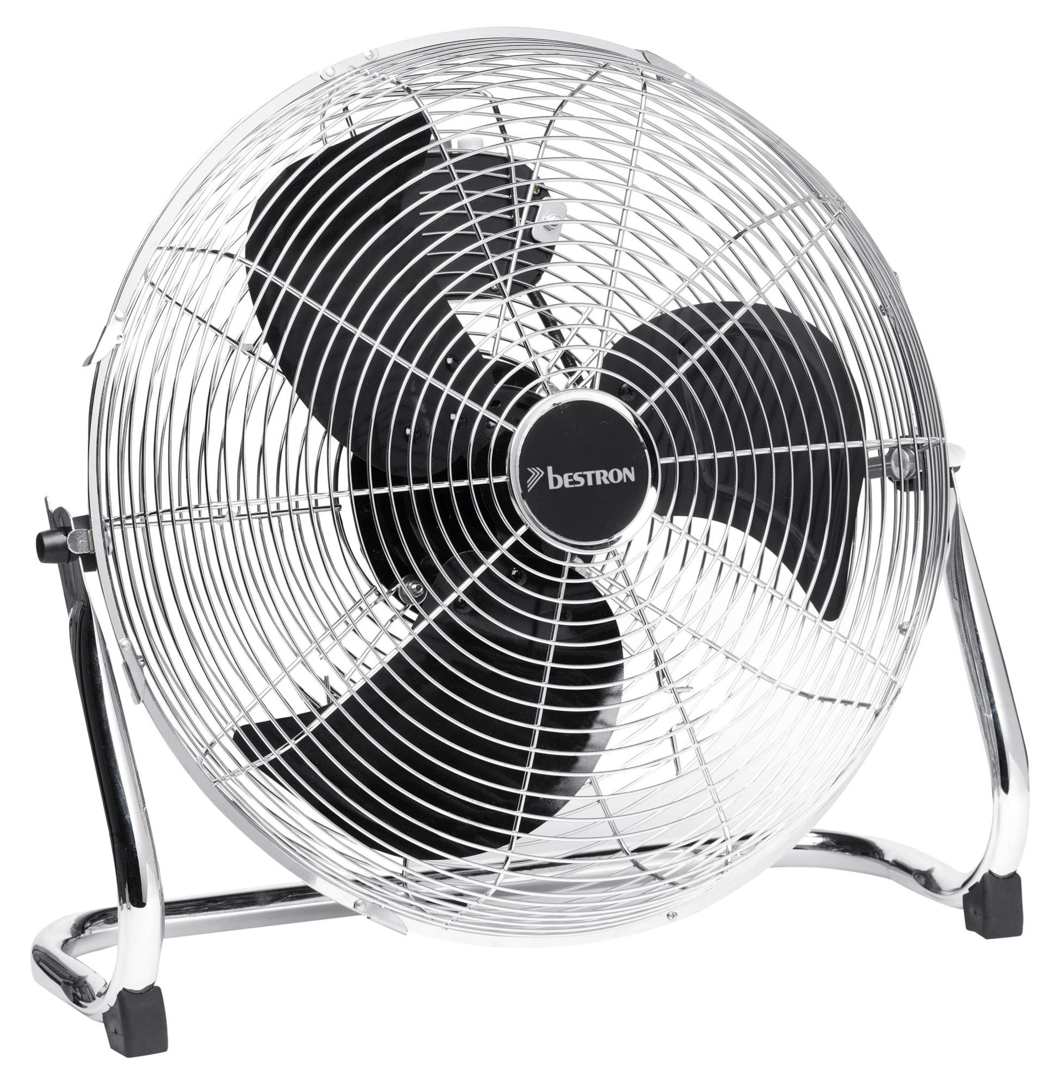 Ventilatore argento con pale nere e supporto metallico.