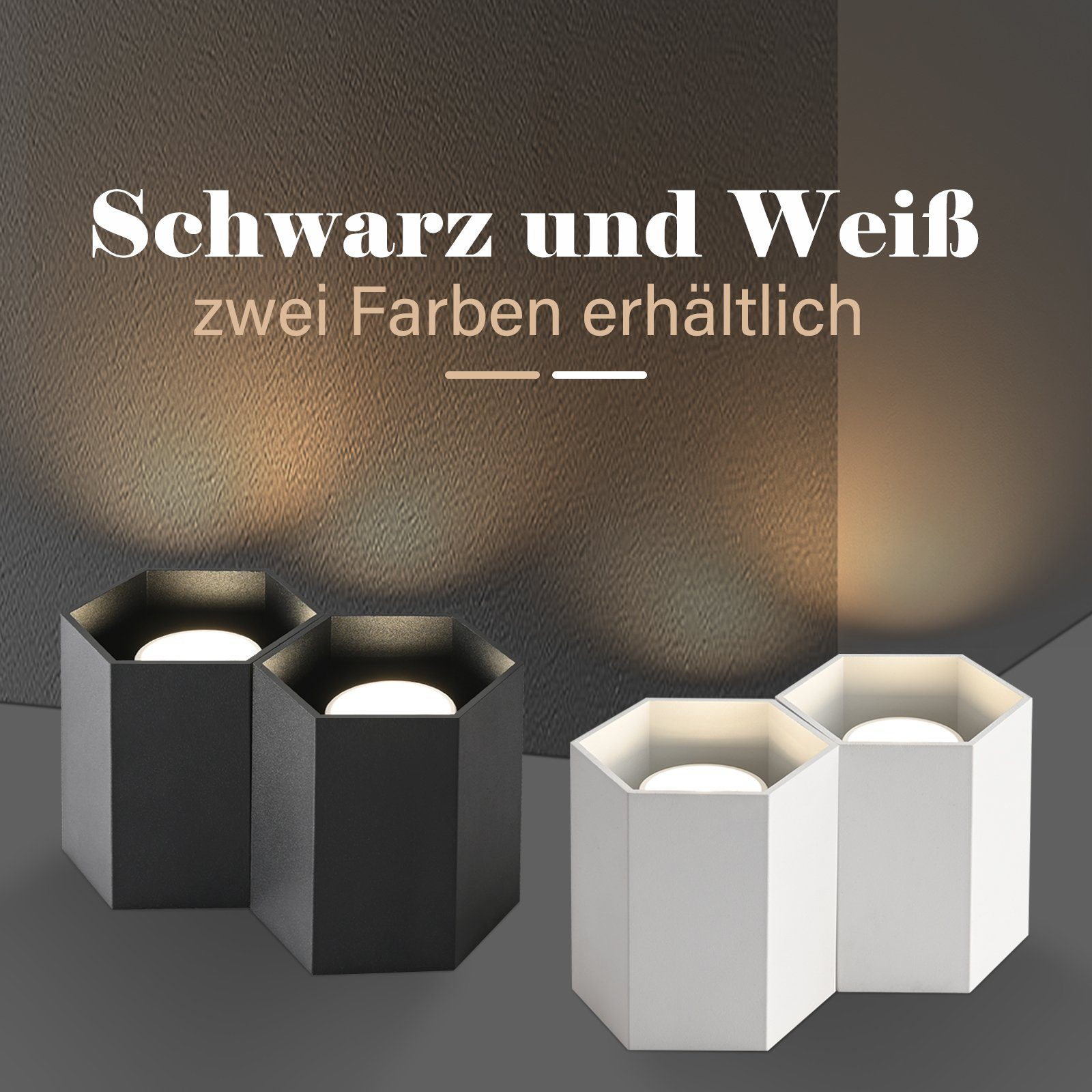 Czarne i białe sześciokątne lampy, dostępne w dwóch kolorach, na powierzchni.