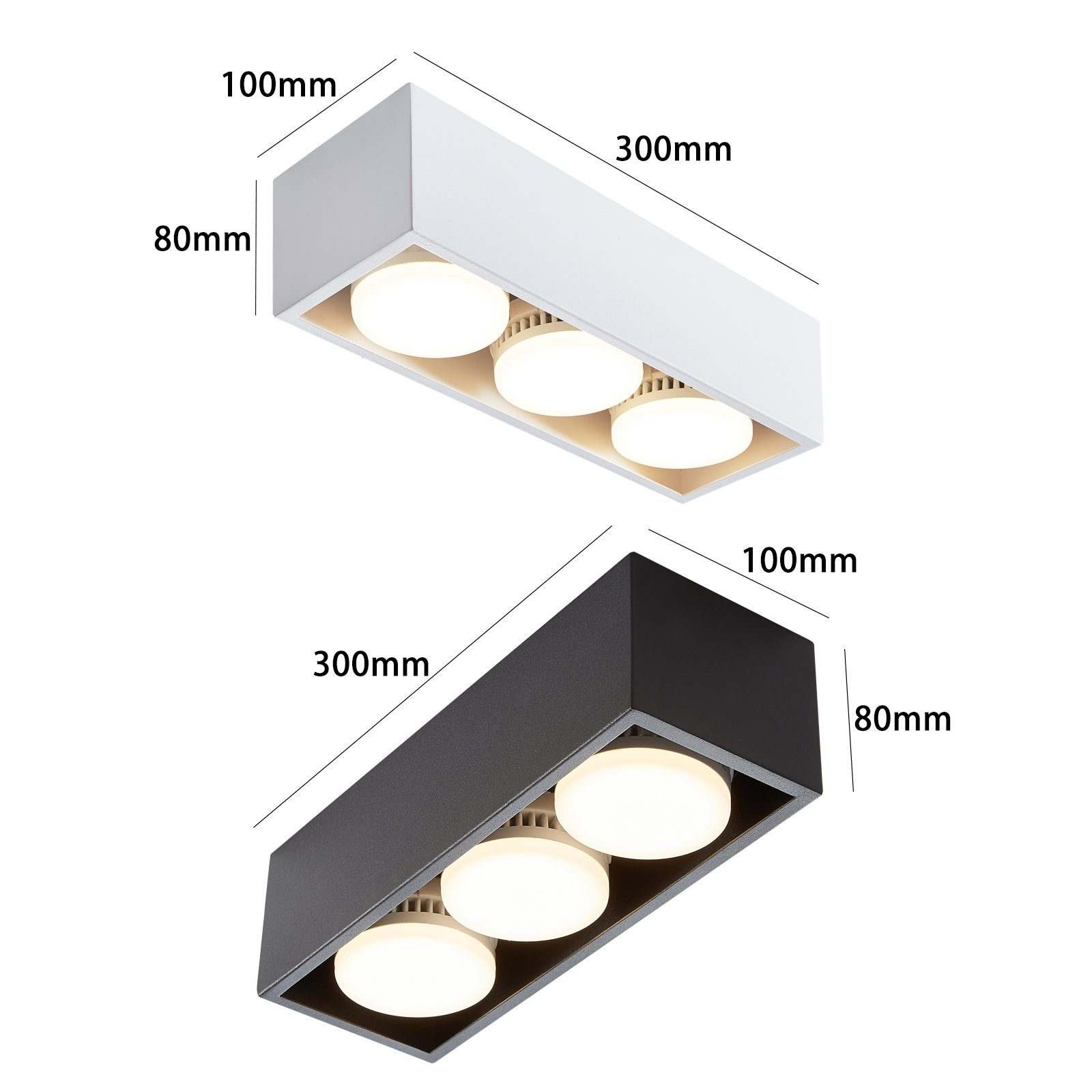 Dwie prostokątne lampy sufitowe, jedna biała i jedna czarna, każda z trzema wpuszczonymi światłami.