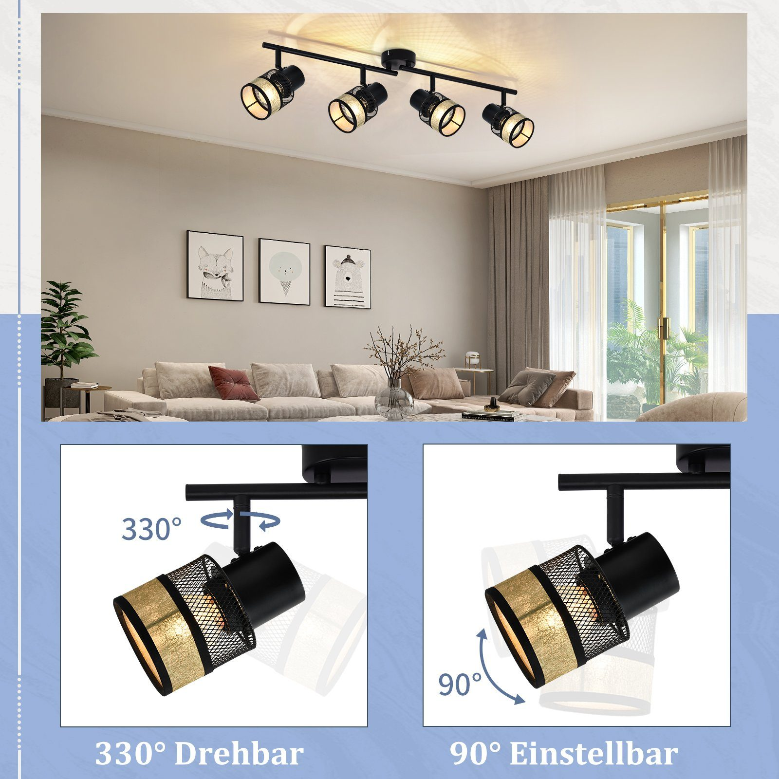 Czarny oprawa oświetleniowa szynowa z czterema regulowanymi światłami. Regulowana w zakresie 330° i 90°.