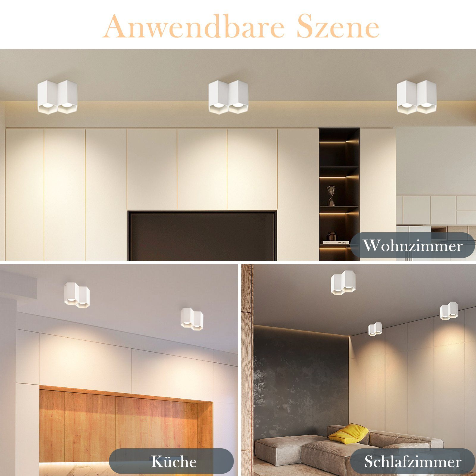 Sceny we wnętrzach z białymi lampami sufitowymi. Światła znajdują się w salonie, kuchni i sypialni.