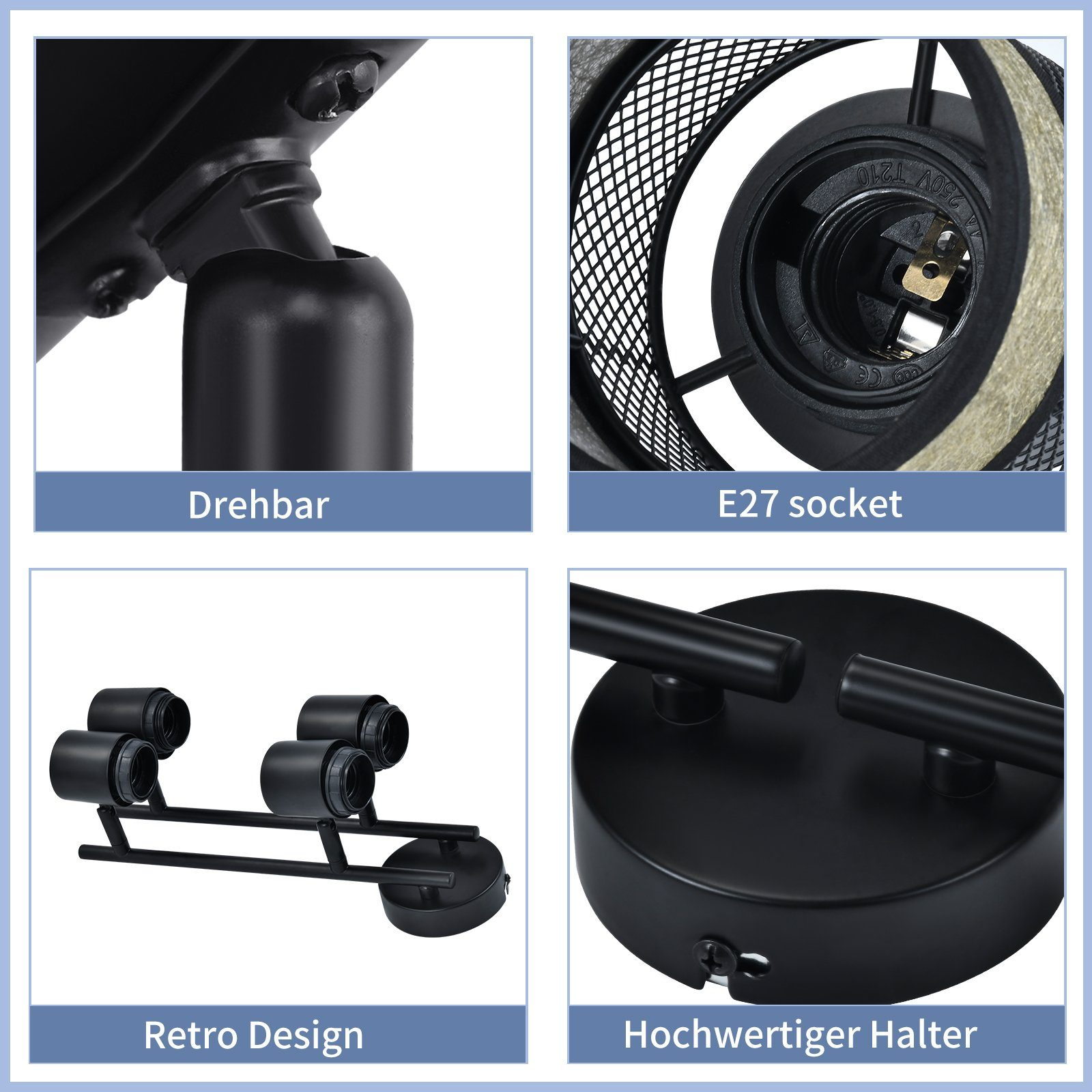 Zbliżenia czarnej lampy sufitowej, pokazujące szczegóły, takie jak gniazdo i design.