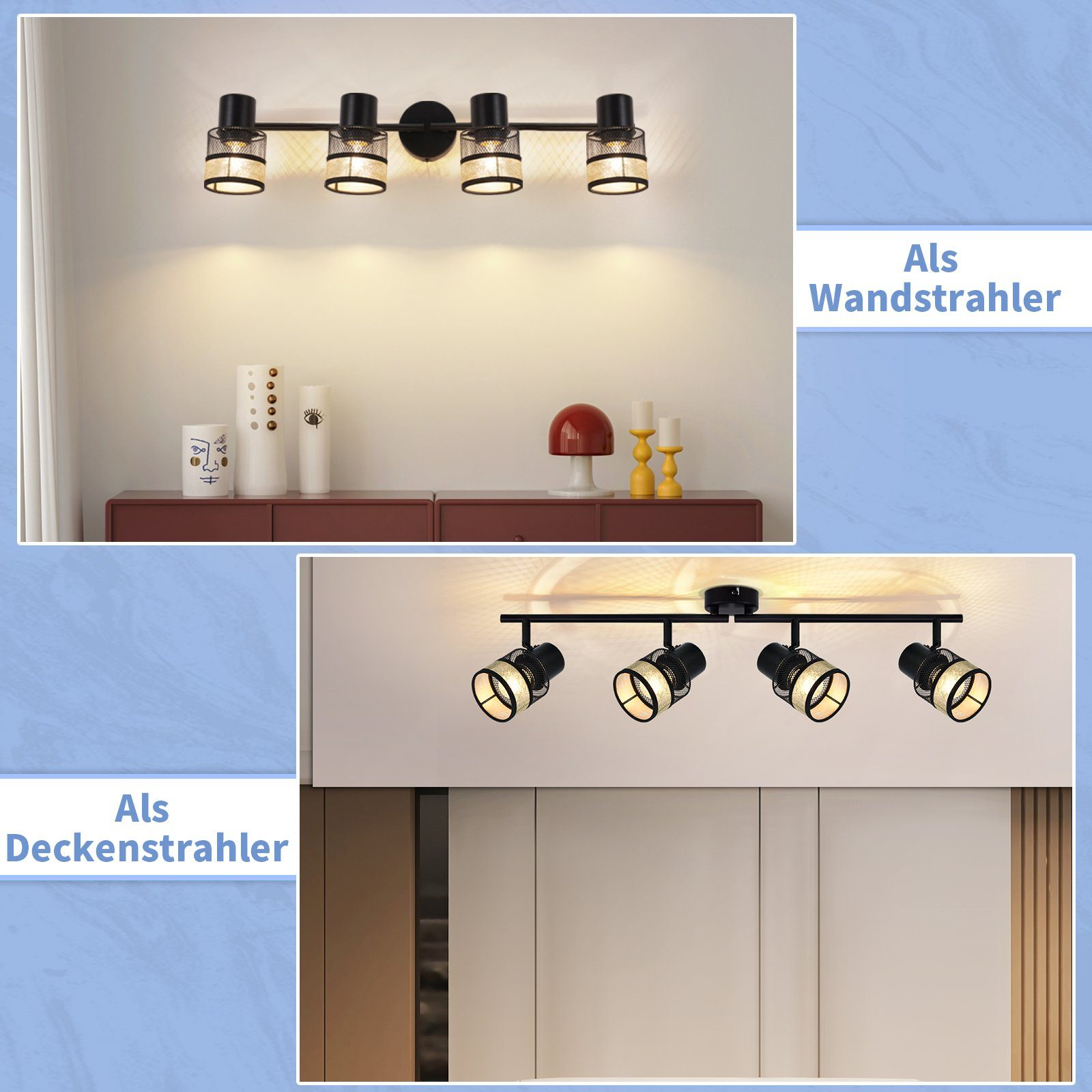 Dwa zdjęcia czarnych reflektorów szynowych; jeden jest montowany na ścianie, drugi na suficie, oba z reflektorami.