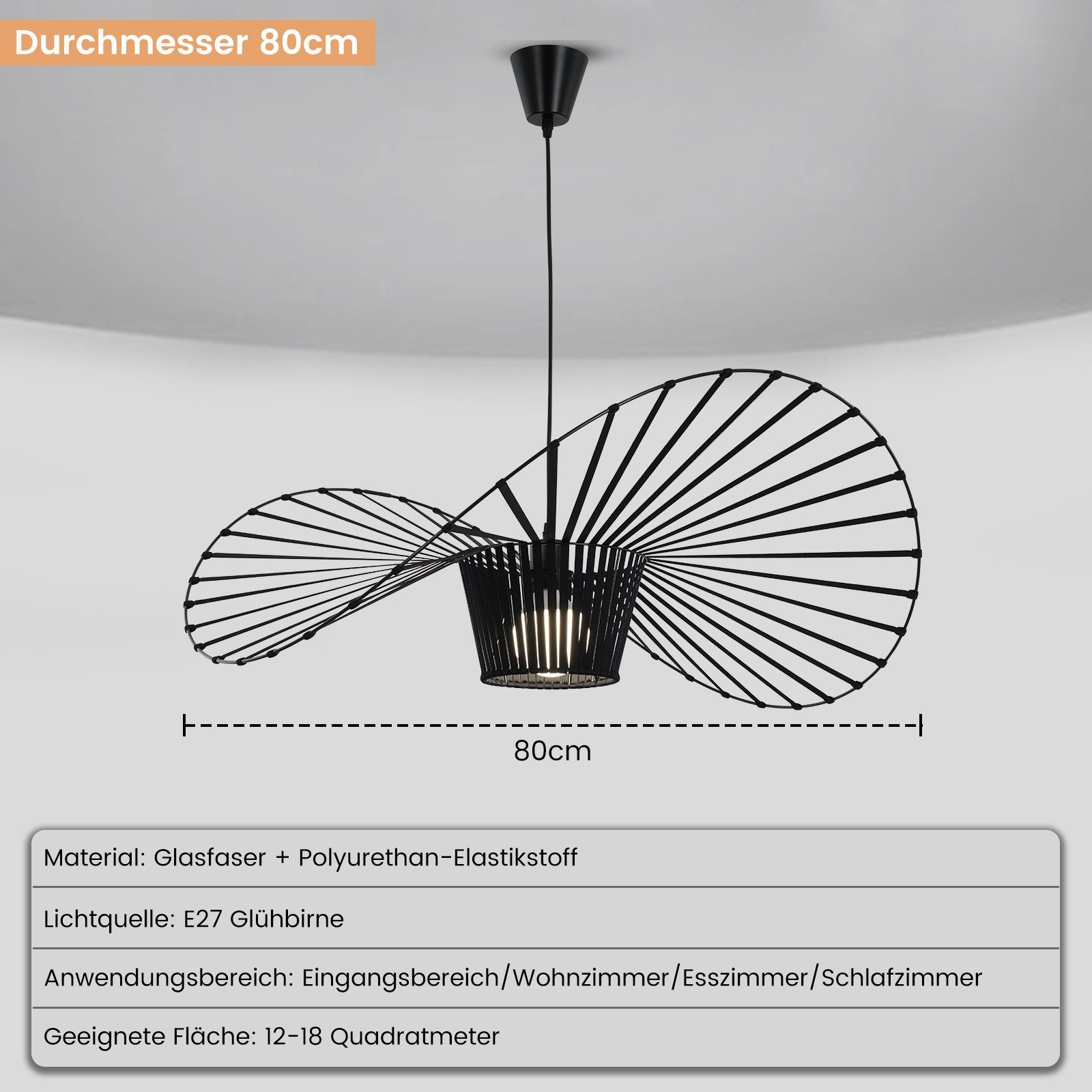 Eine schwarze, kunstvolle Deckenlampe mit einzigartigem Design, mit einem Durchmesser von 80 cm.