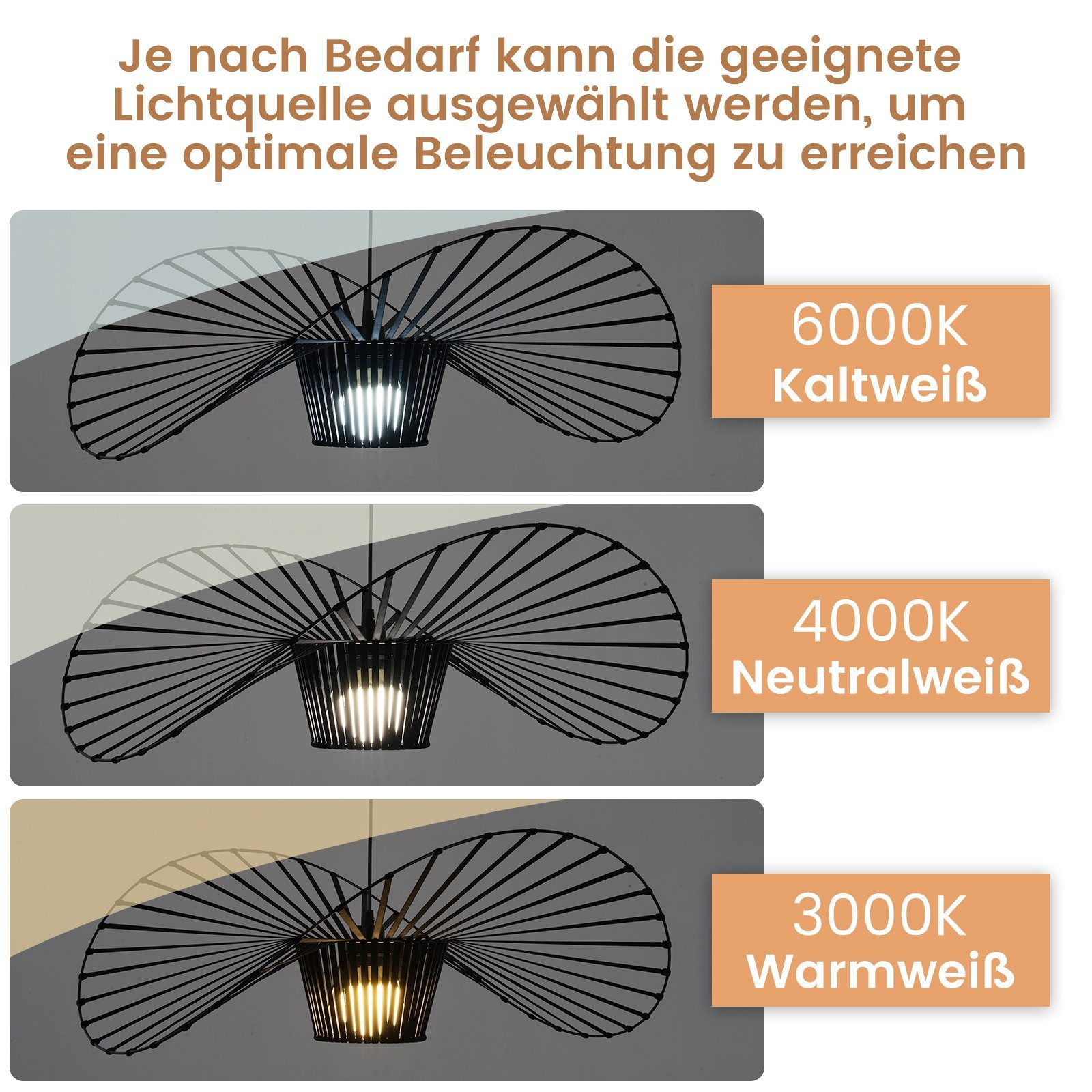 Drei verschiedene Beleuchtungskörper mit unterschiedlichen Farbtemperaturen: 6000K, 4000K und 3000K.