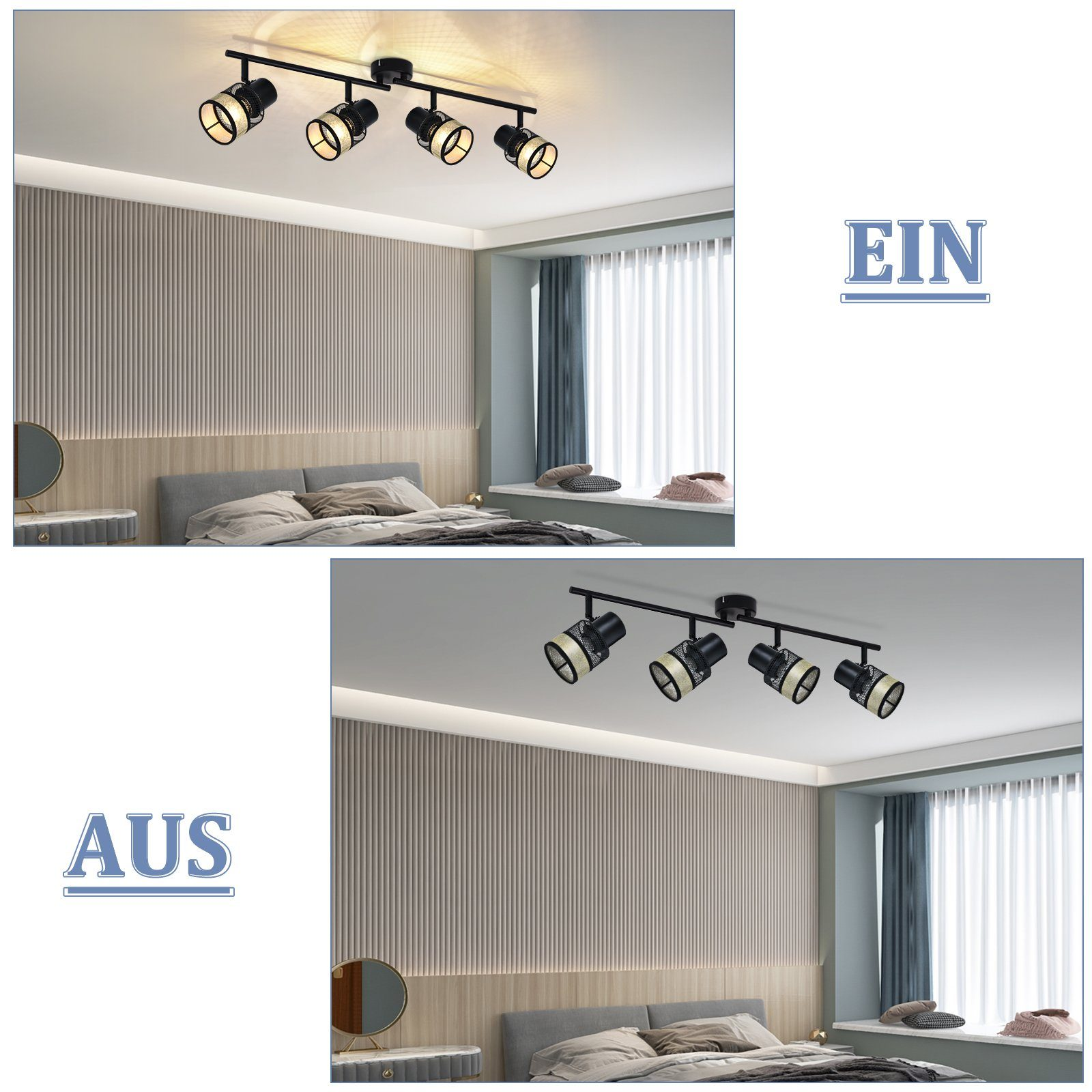 Dwa zdjęcia reflektorów sufitowych, jeden włączony i jeden wyłączony, w sypialni.