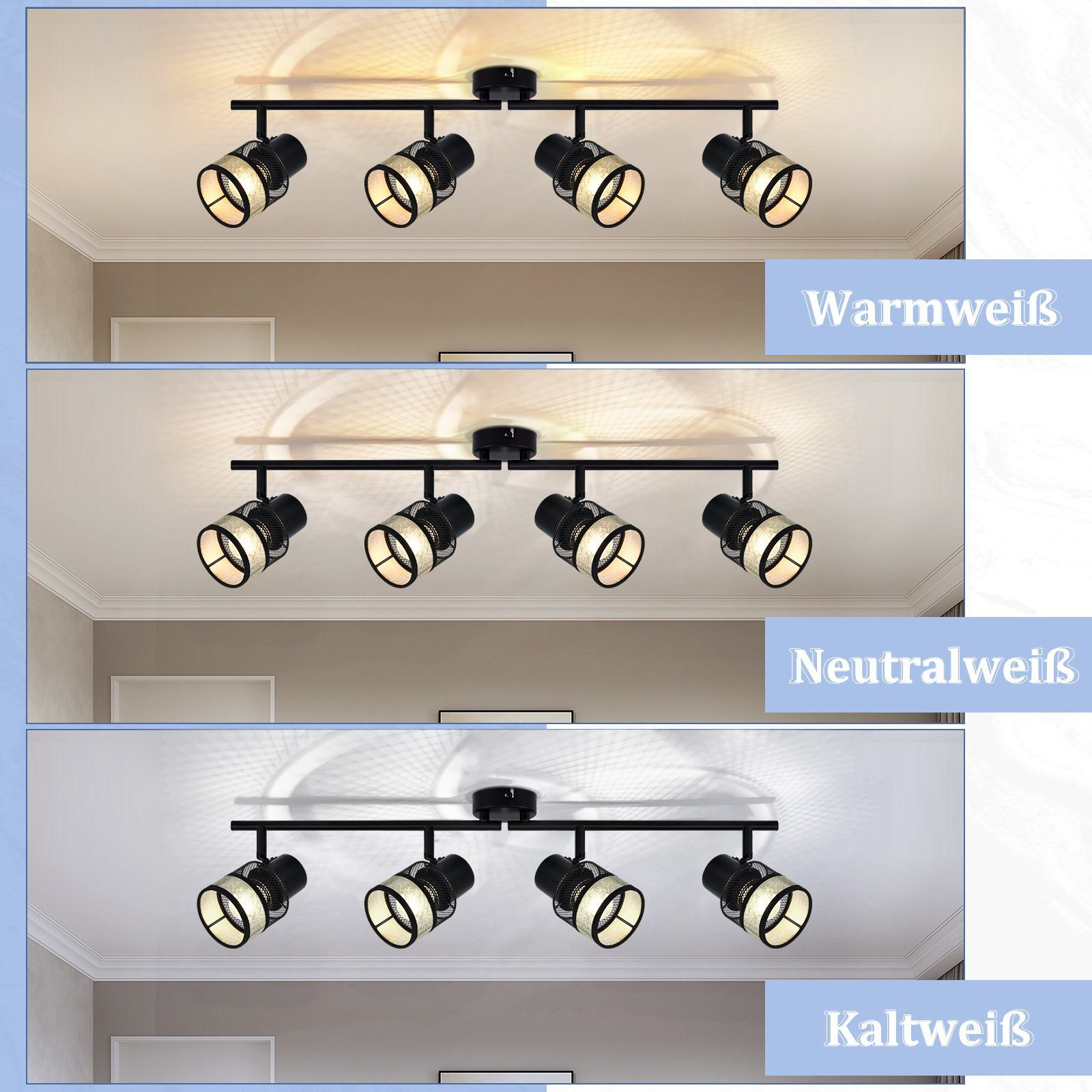 Lampy sufitowe z regulowanymi reflektorami pokazujące ciepłe, neutralne i zimne światło.