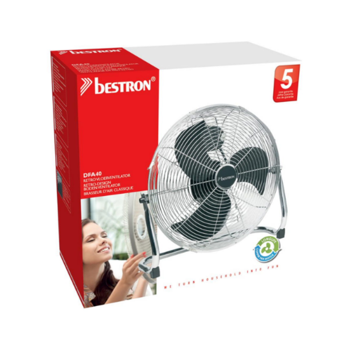 Scatola con un ventilatore retrò. Una donna lo sta guardando. Schema di colori rosso e bianco.