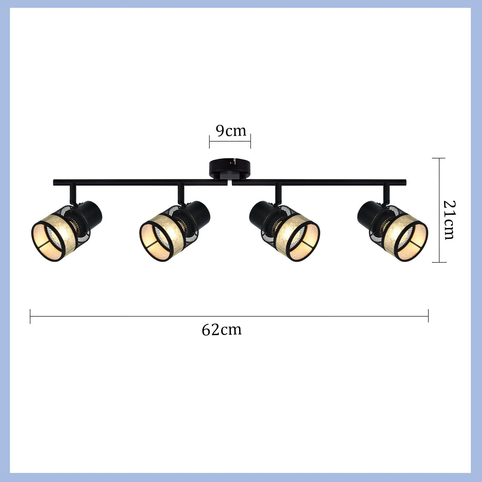 Czarna lampa szynowa z czterema regulowanymi reflektorami. Wymiary podano w cm.