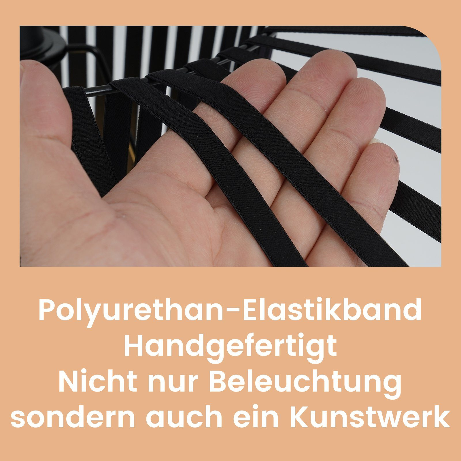 Eine Hand berührt ein schwarzes Gummiband. Text sagt "Polyurethan-Elastikband Handgefertigt".