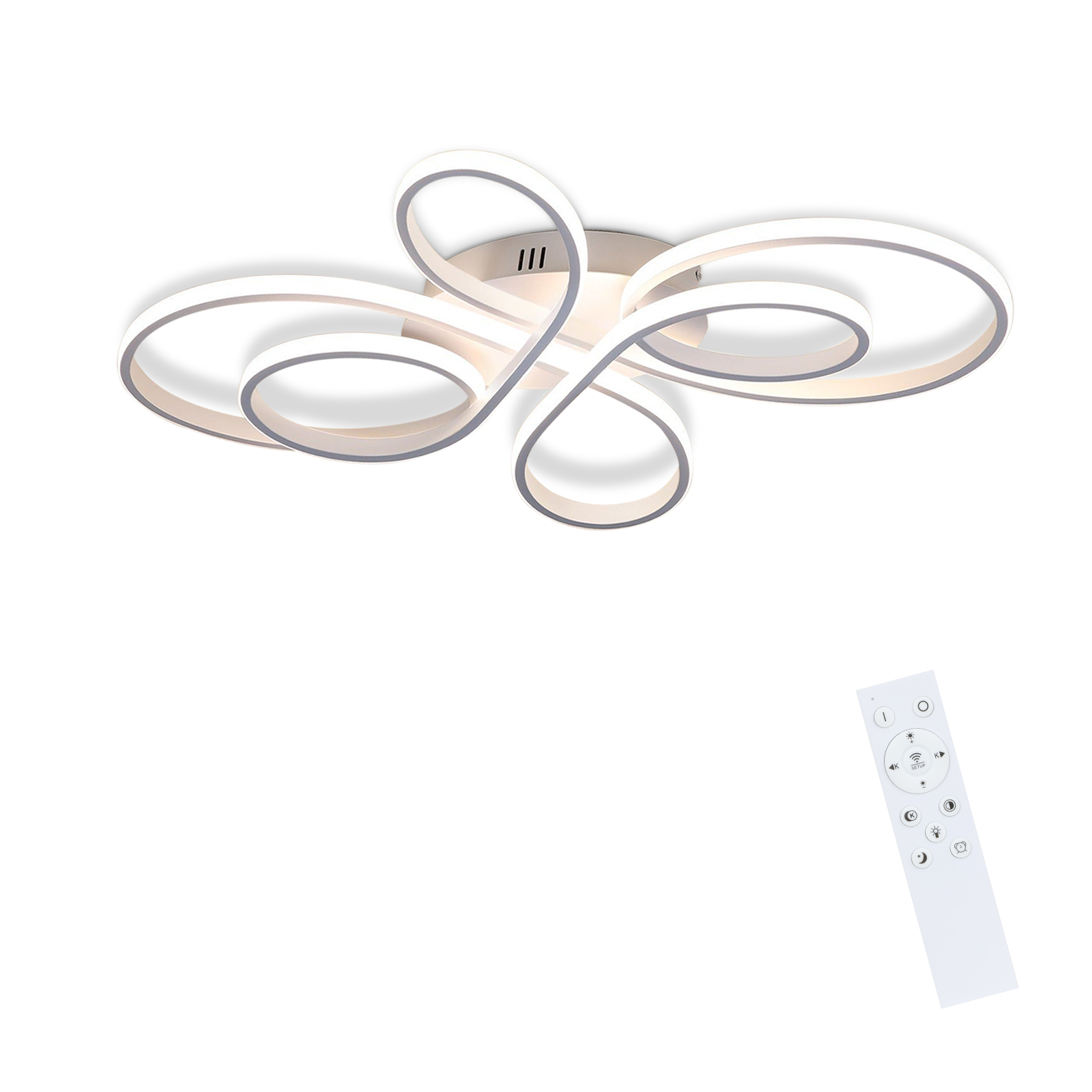 Nowoczesna lampa sufitowa z pętlą, biała, na białym tle, z pilotem.