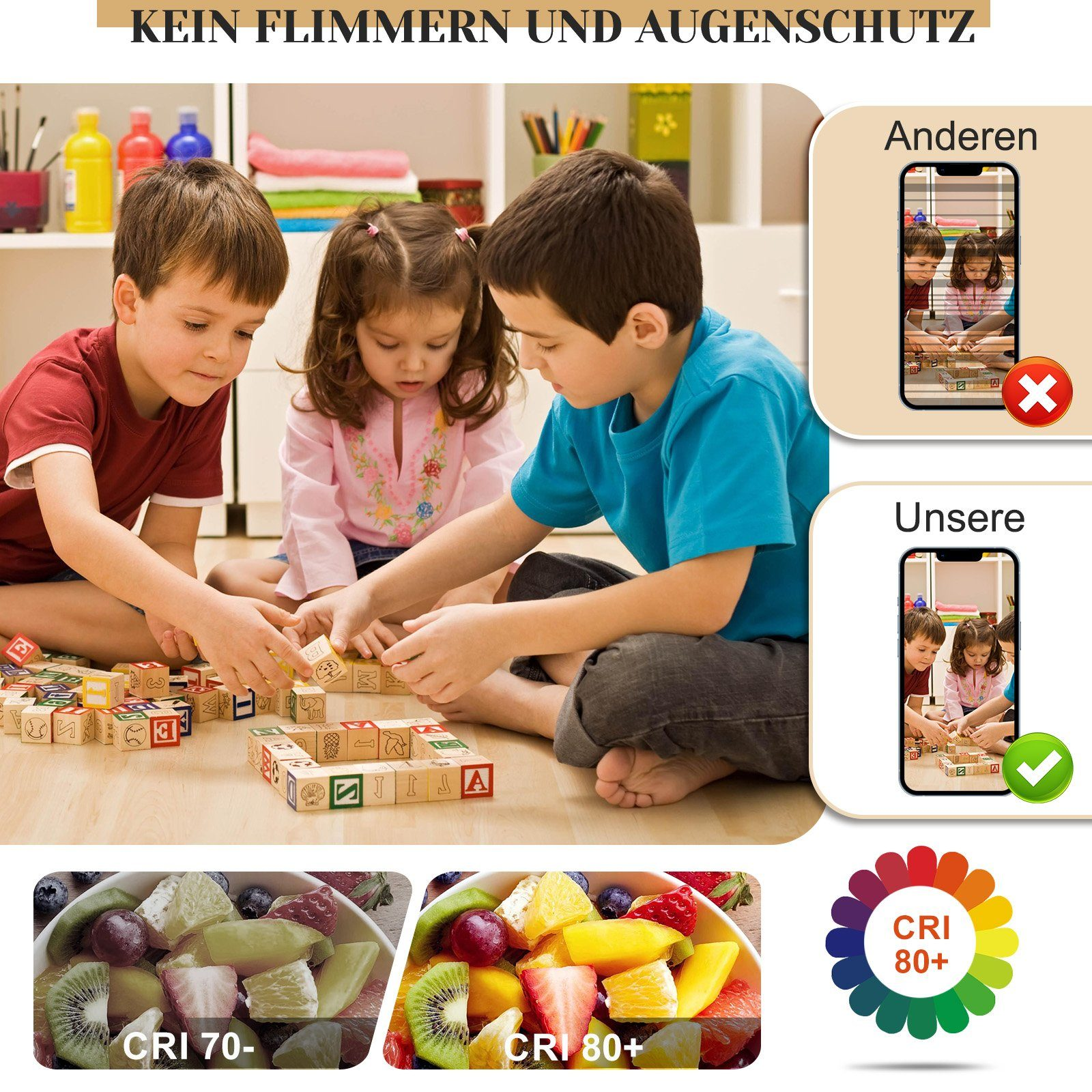 Dzieci bawią się klockami, porównując ekran z migotaniem i ochroną oczu.