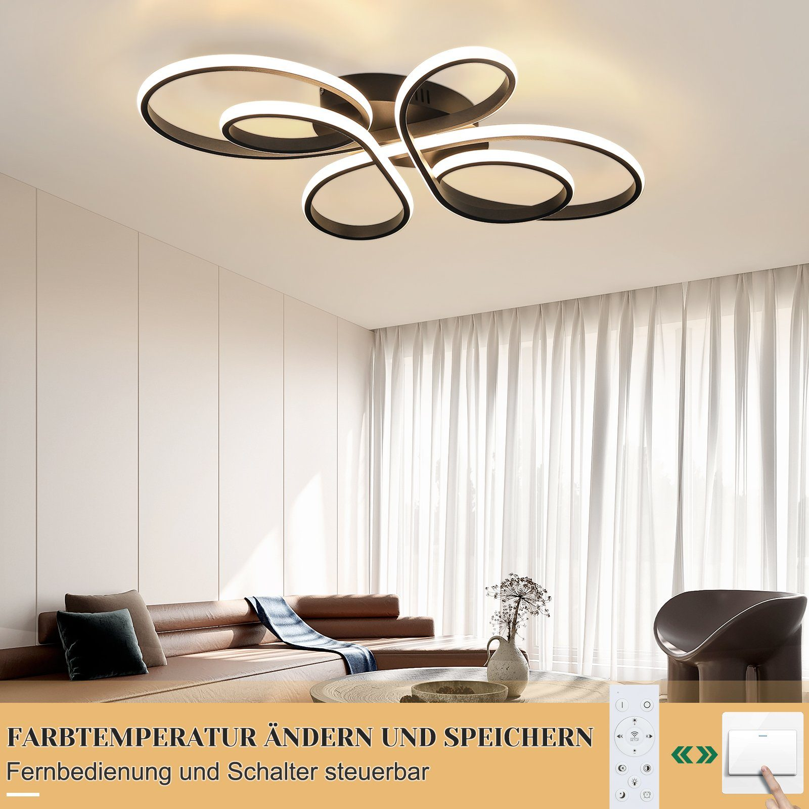 Nowoczesna lampa sufitowa o zakrzywionym kształcie. Biała zasłona i brązowa sofa w tle.