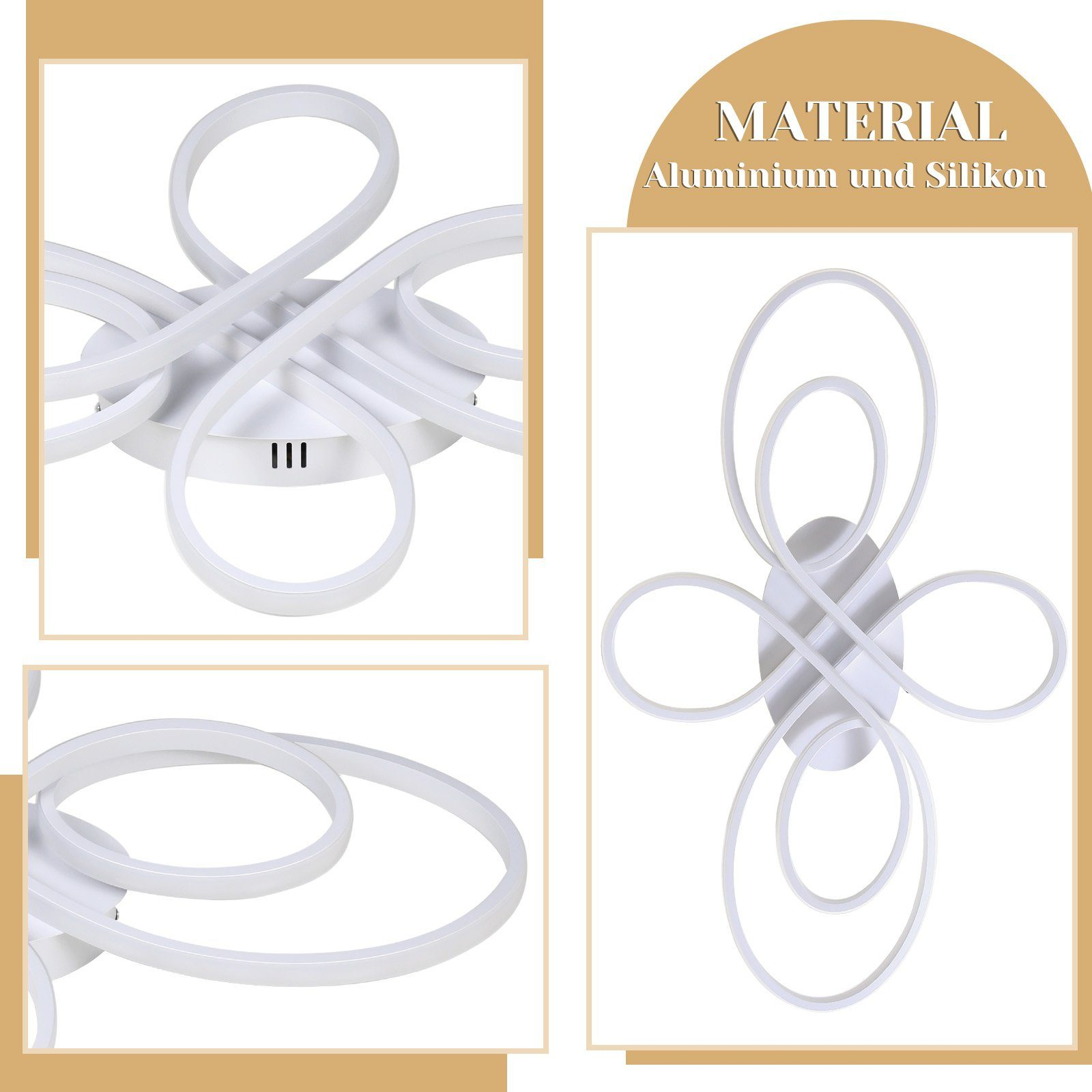 Biała lampa sufitowa z elementami pętlowego wzornictwa.