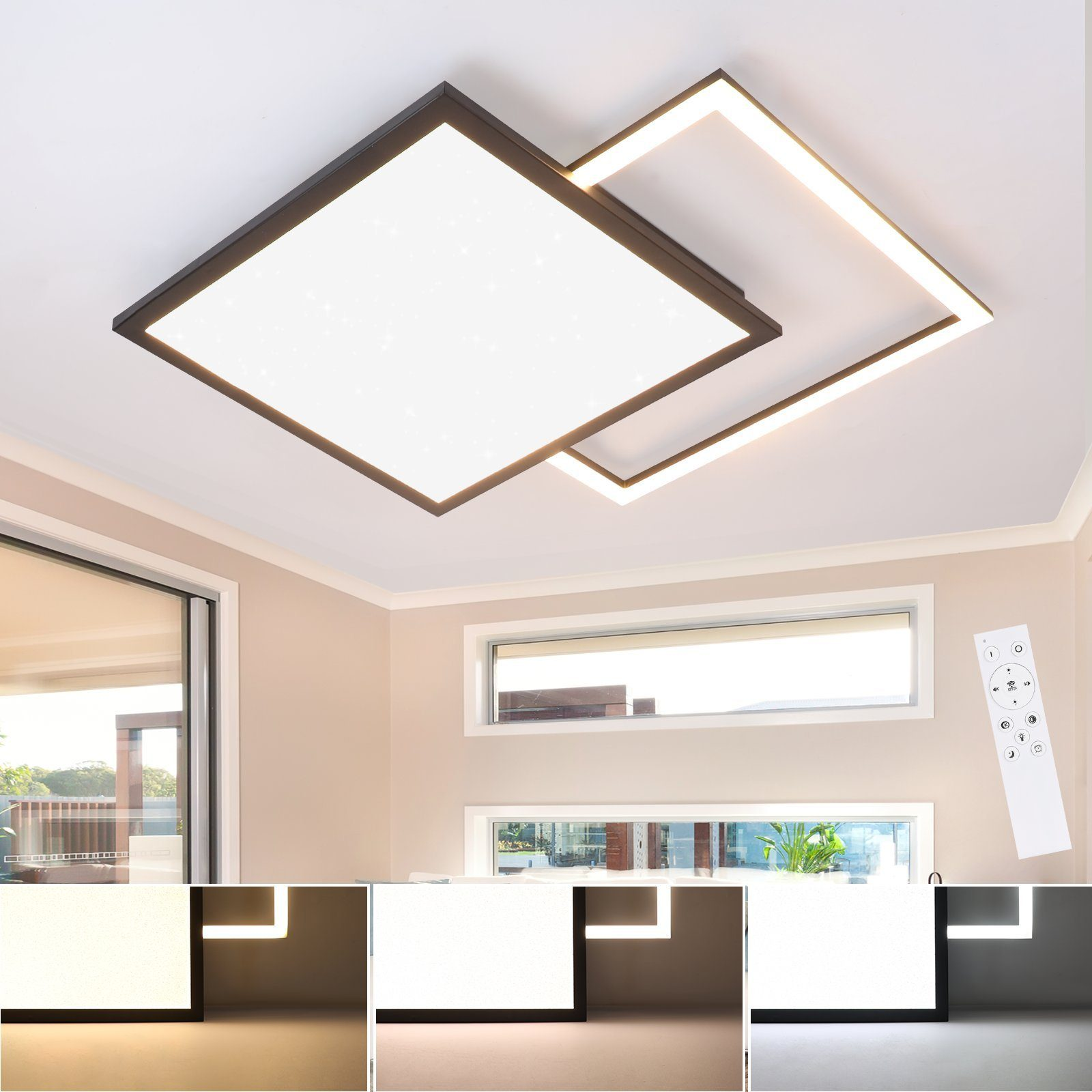 Oprawa sufitowa z białym kwadratowym wzorem, podświetlona, w pokoju.