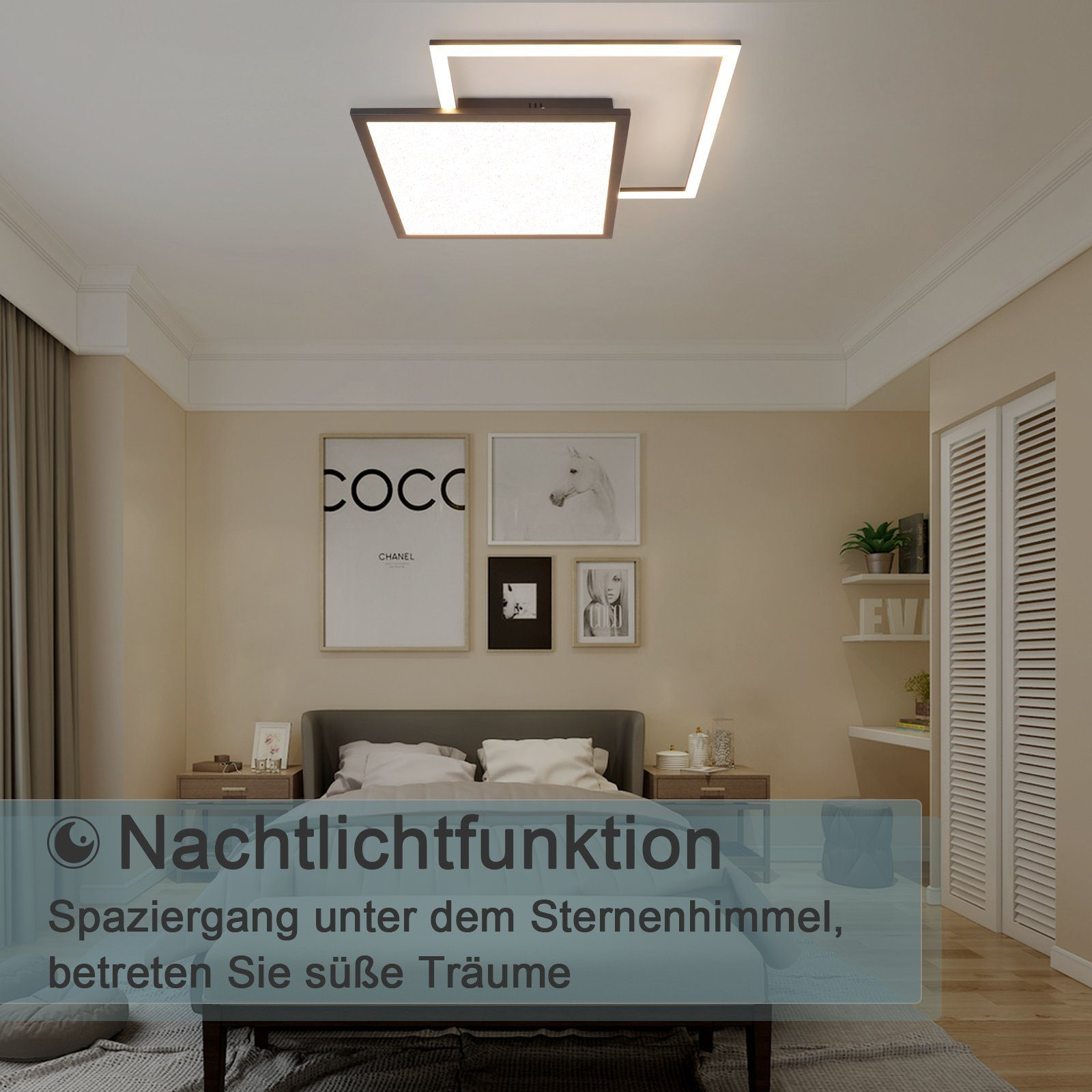 Nowoczesna lampa sufitowa w sypialni. Światło jest białe i prostokątne.