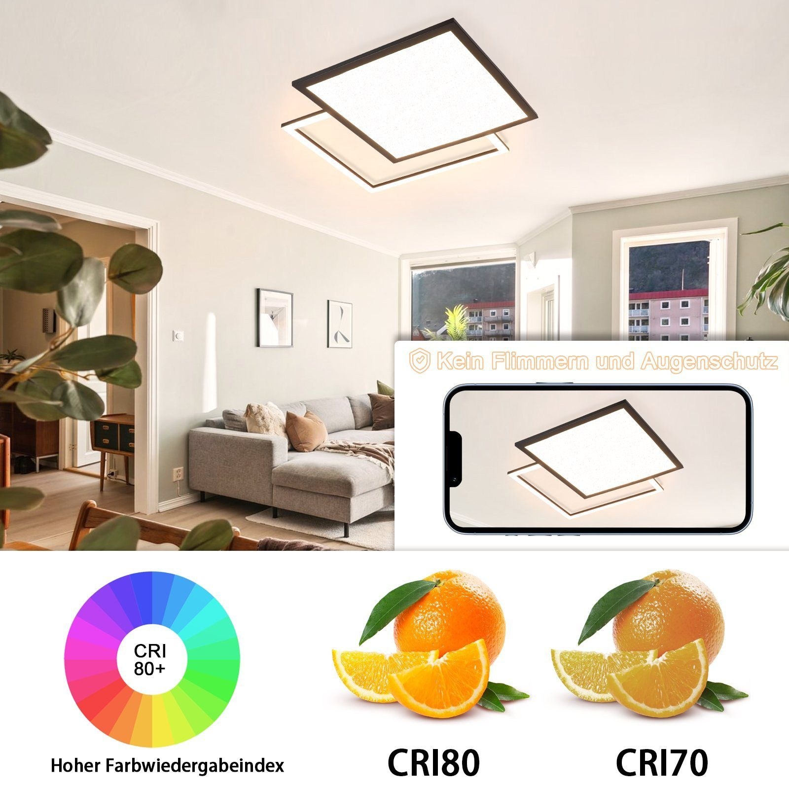 Lampy sufitowe z plasterkami pomarańczy i spektrum kolorów. Tekst mówi CRI 80+ i CRI70.