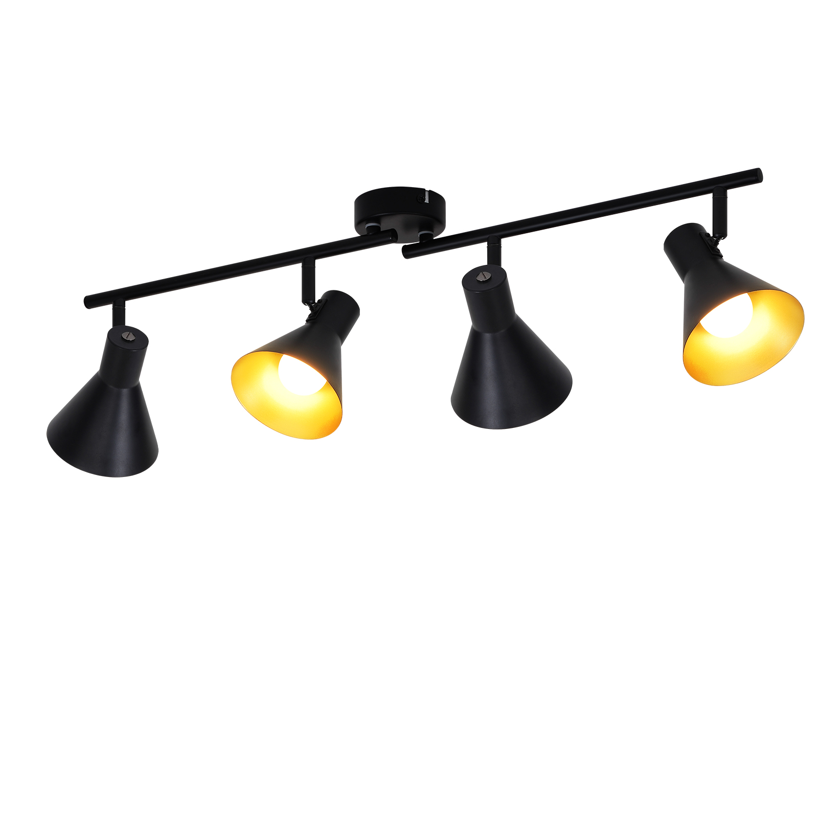 Czarne oświetlenie szynowe z czterema czarnymi reflektorami, złotym wnętrzem, na białym tle.