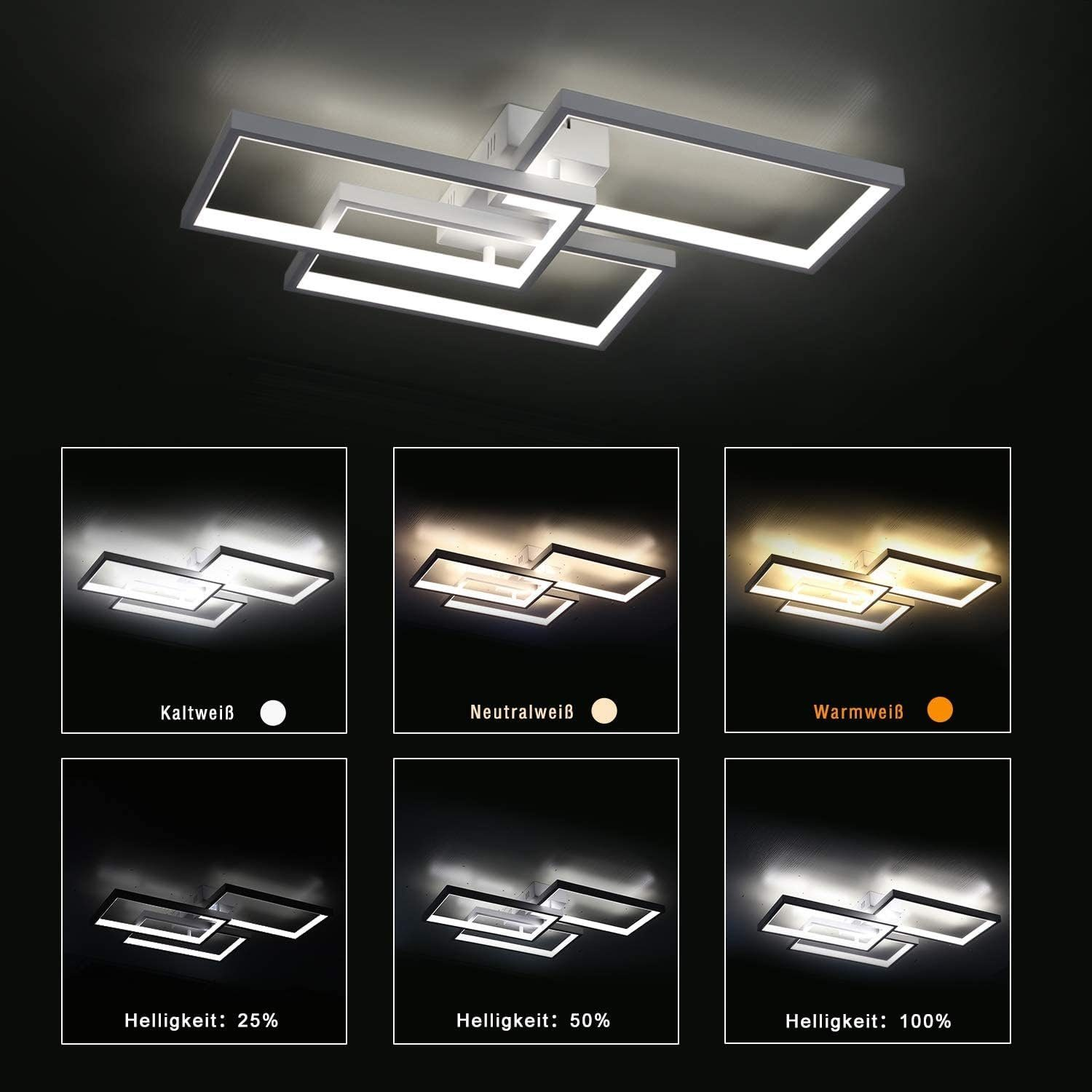 Lampa sufitowa z różnymi opcjami jasności i temperatury barwowej, pokazana w ciemnym otoczeniu.