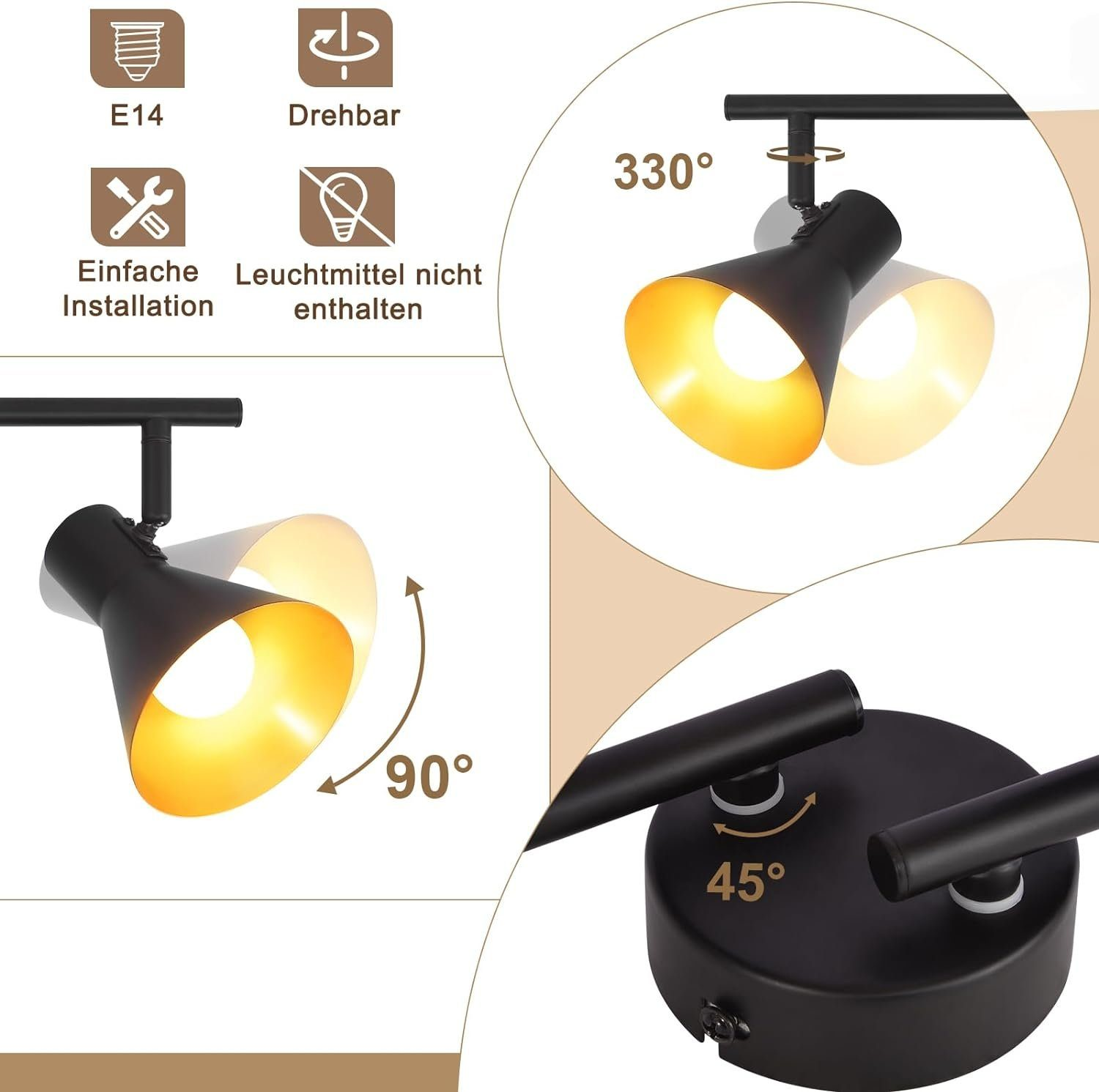 Zbliżenie czarnego reflektora z regulowanymi kątami, pokazujące szczegóły obrotu i dodatkowe ikony funkcji.