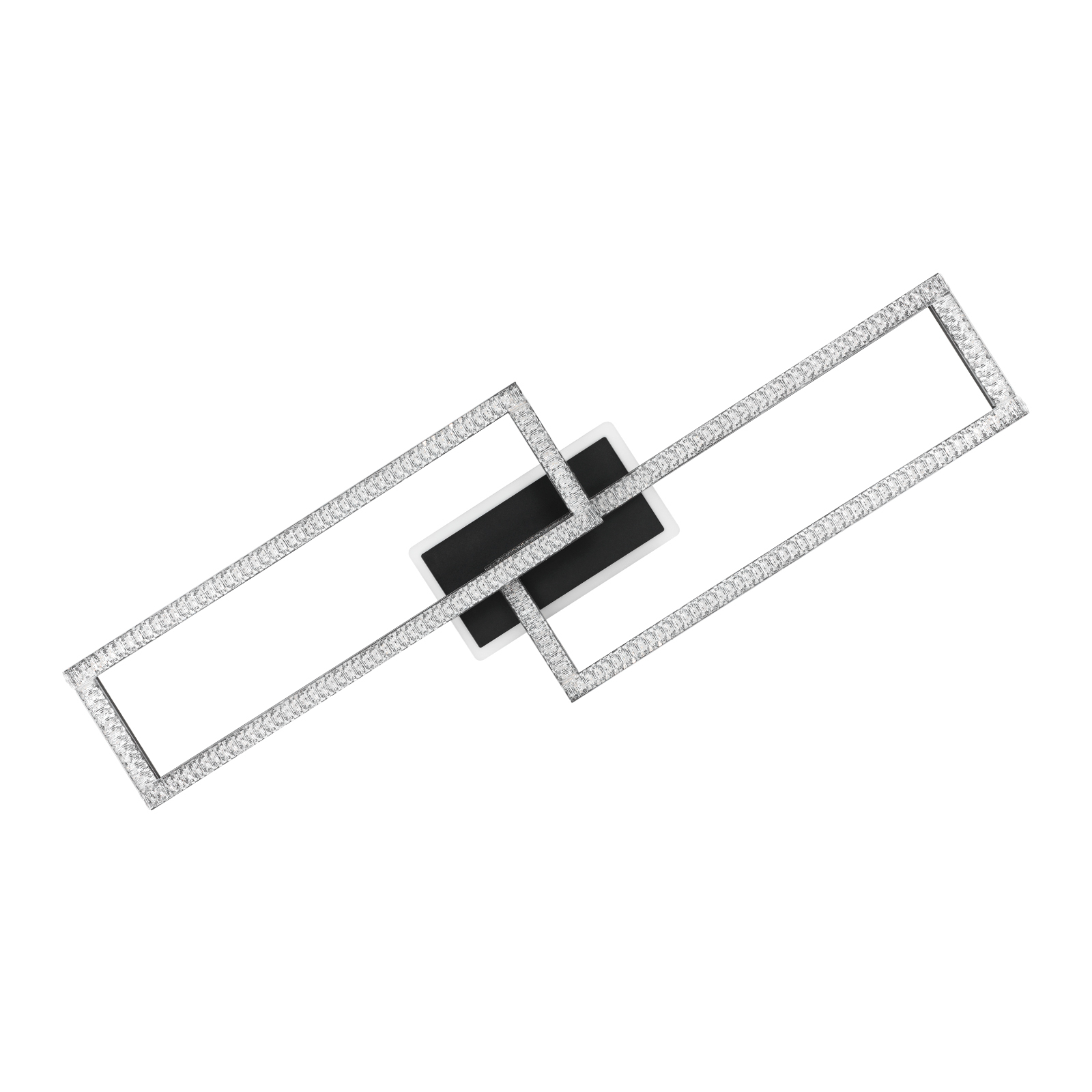 Un moderno lampadario da soffitto geometrico argentato con cristalli incastonati.