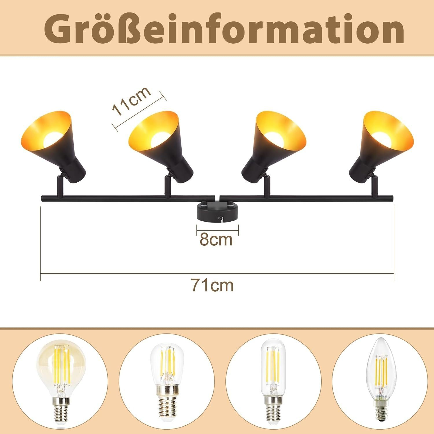 Cztery czarne reflektory z żarówkami. Wymiary: 71cm długości, 8cm szerokości, 11cm wysokości.
