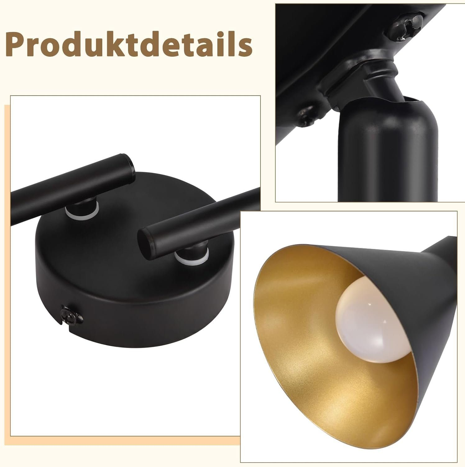 Zbliżenie czarnej lampy ściennej. Szczegóły obejmują podstawę, ramiona i złote wnętrze.