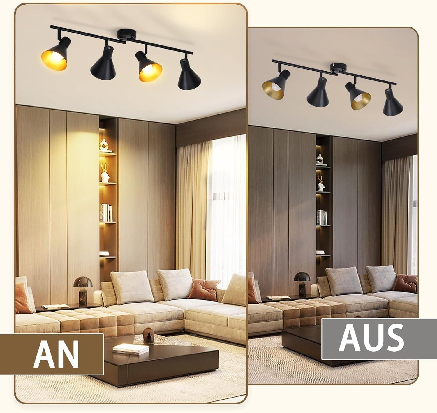 Dwa obrazy pokazujące oświetlenie szynowe. Lewy obraz pokazuje włączone światła, prawy wyłączone. Drewniane panele.