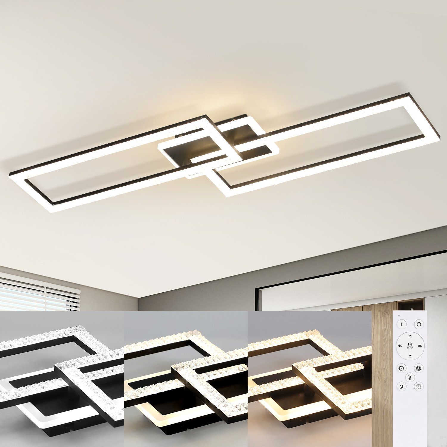 Un moderno apparecchio per lampada da soffitto con quattro sezioni rettangolari, con le luci accese. Soffitto bianco.