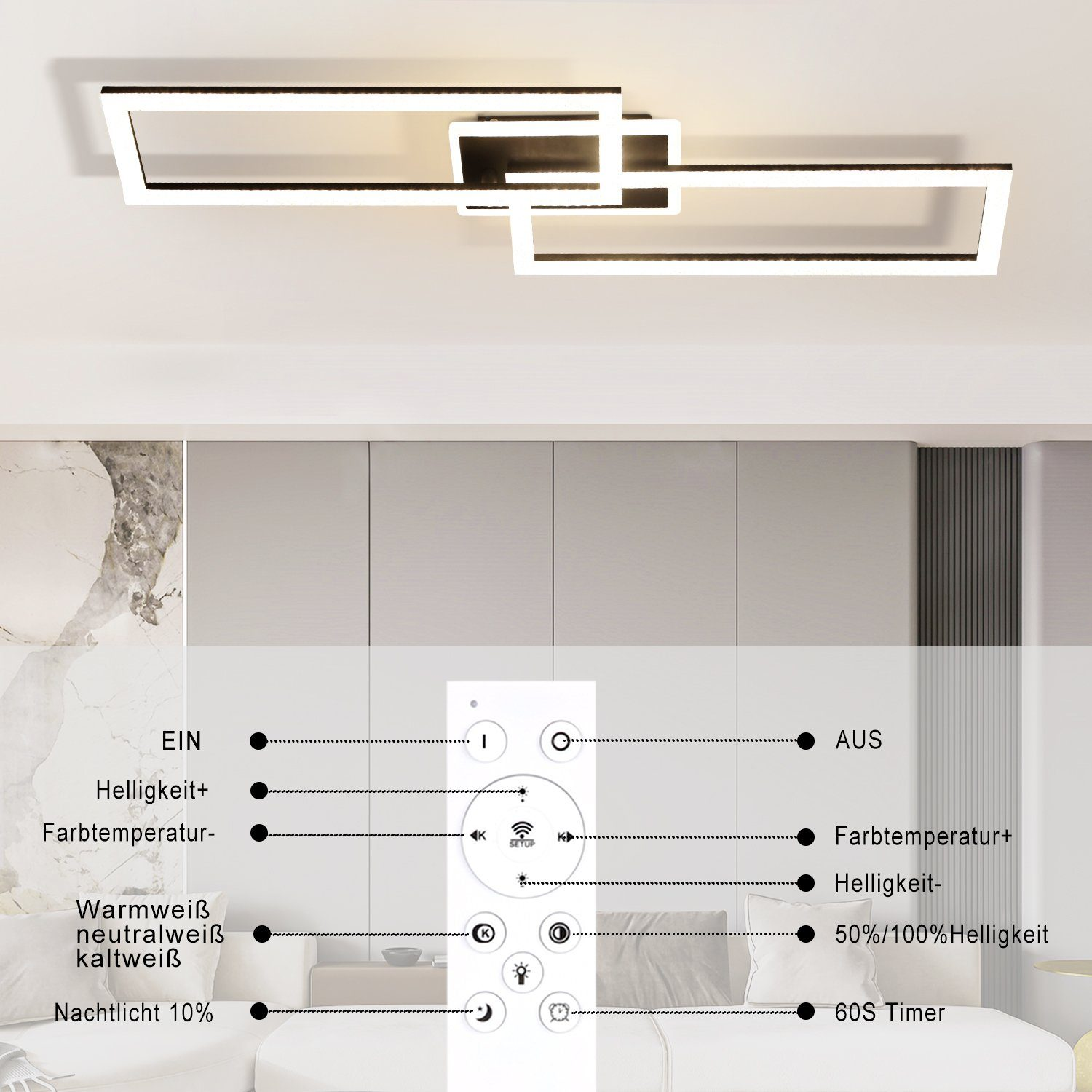 Luce a soffitto dal design rettangolare. Un telecomando è posto sotto di essa.