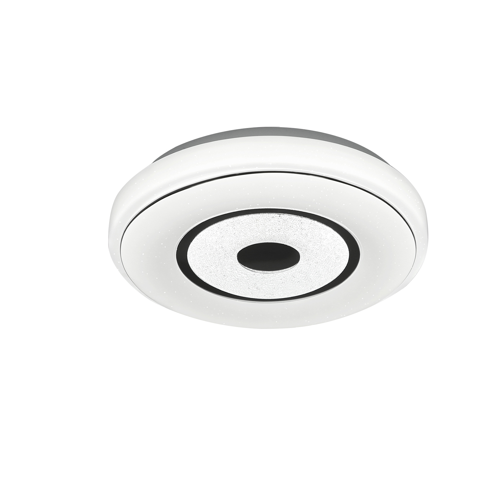 Okrągła biała lampa sufitowa z centralnym ciemnym okręgiem. Ma pierścień małych świateł.
