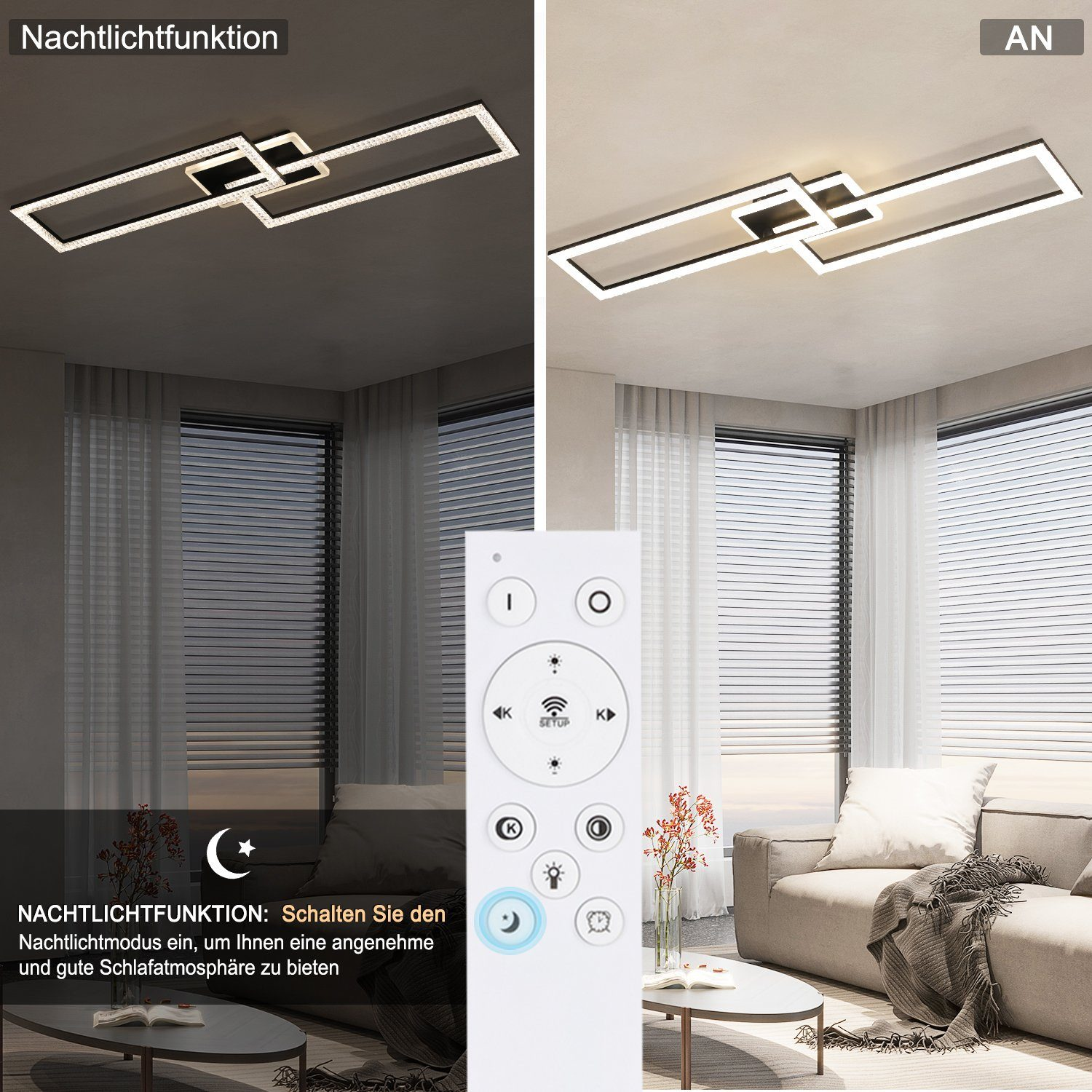Un'immagine divisa mostra una luce da soffitto con un telecomando. Un lato è scuro; l'altro illuminato.