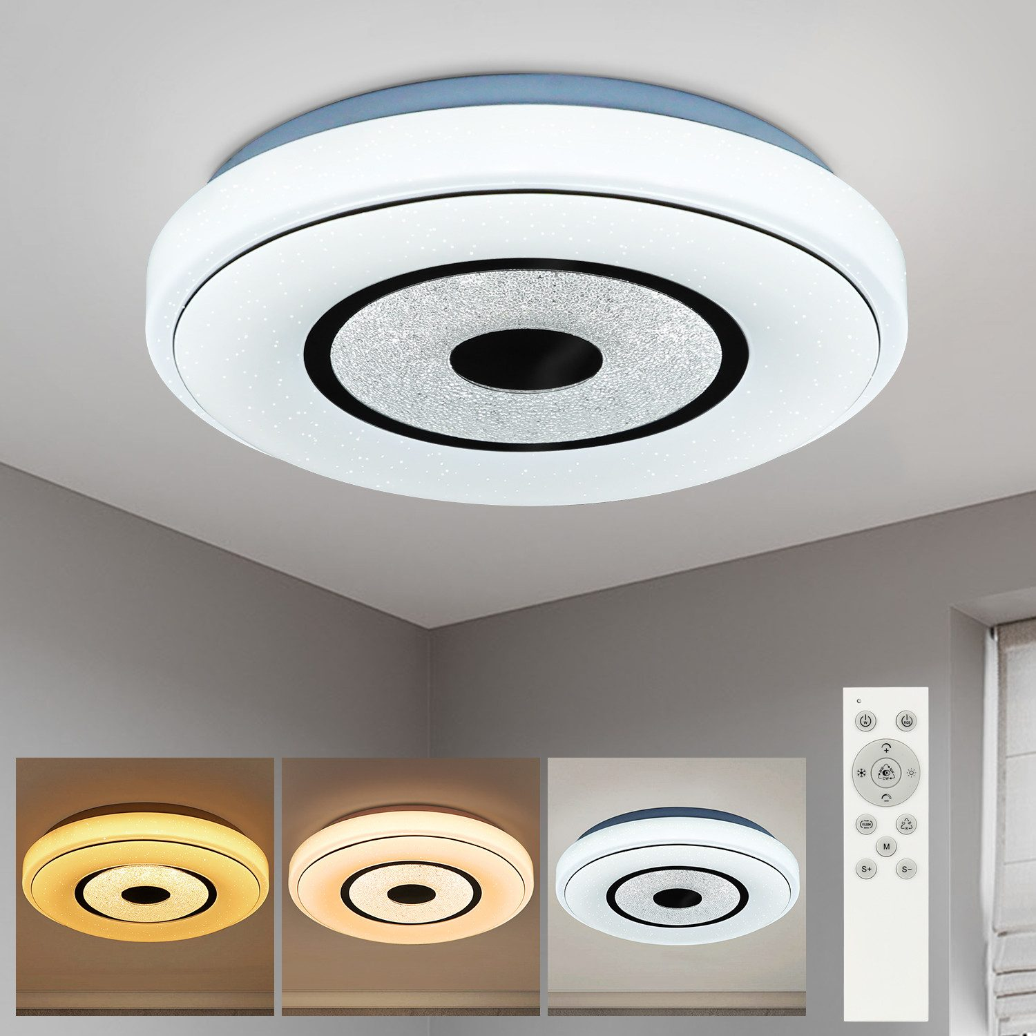 Biała lampa sufitowa o okrągłym kształcie i trzech różnych ustawieniach światła.