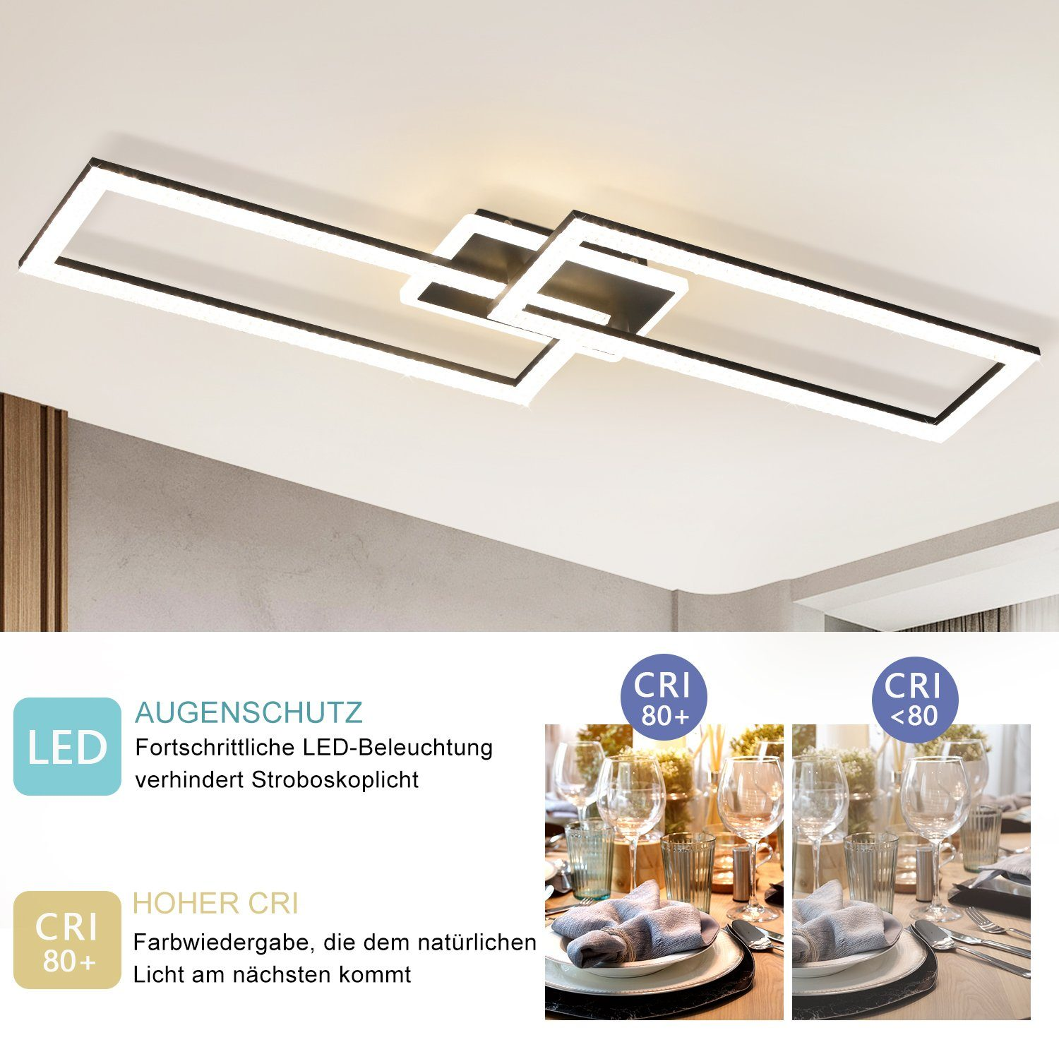Una moderna lampada da soffitto con viste dettagliate del tavolo da pranzo ed effetti luce.