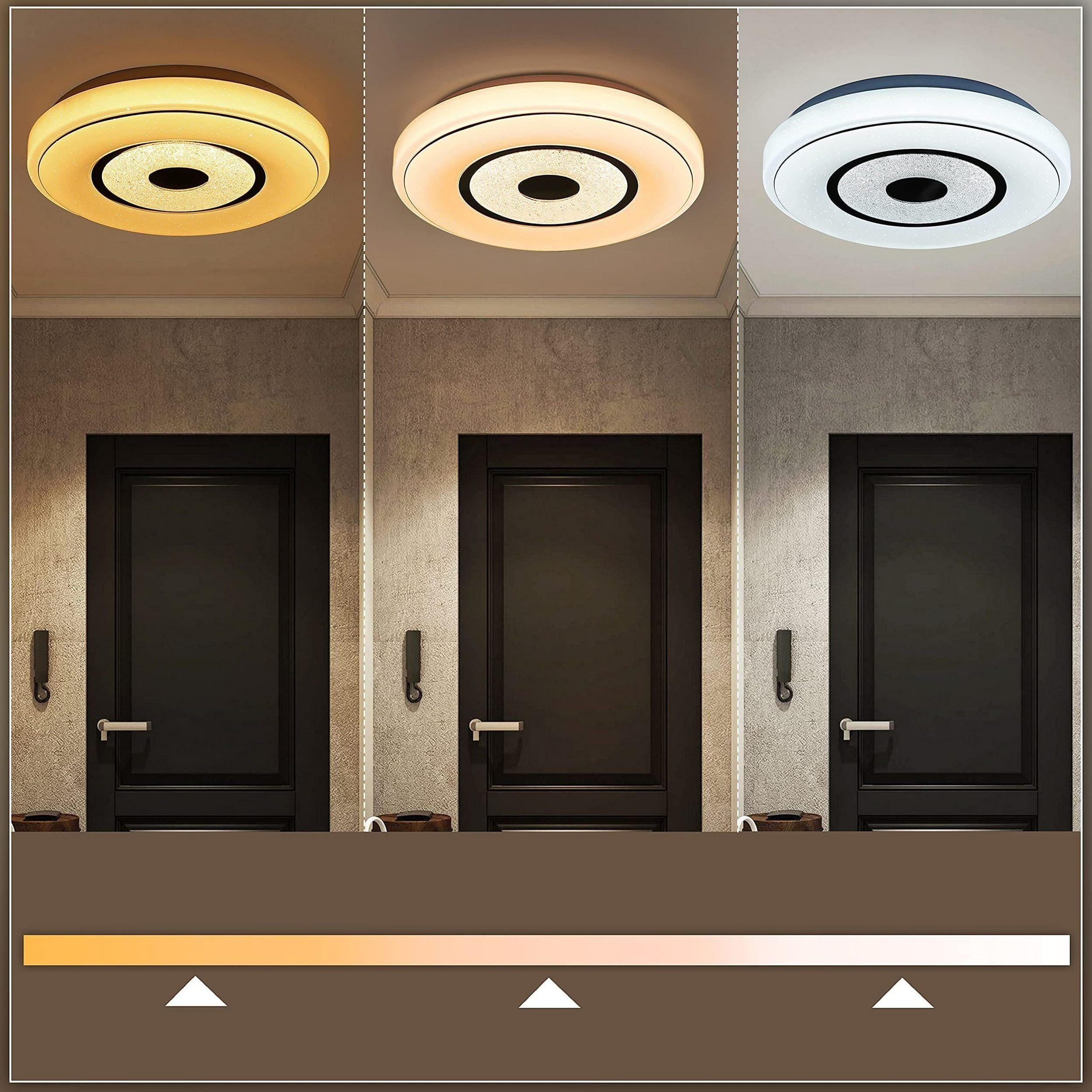 Trzy lampy sufitowe w różnych temperaturach barwowych, pokazujące opcje oświetlenia.