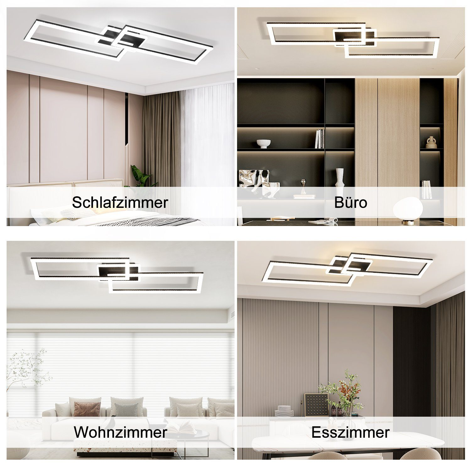 Quattro immagini che mostrano una moderna plafoniera in diverse stanze: camera da letto, ufficio, soggiorno, sala da pranzo.