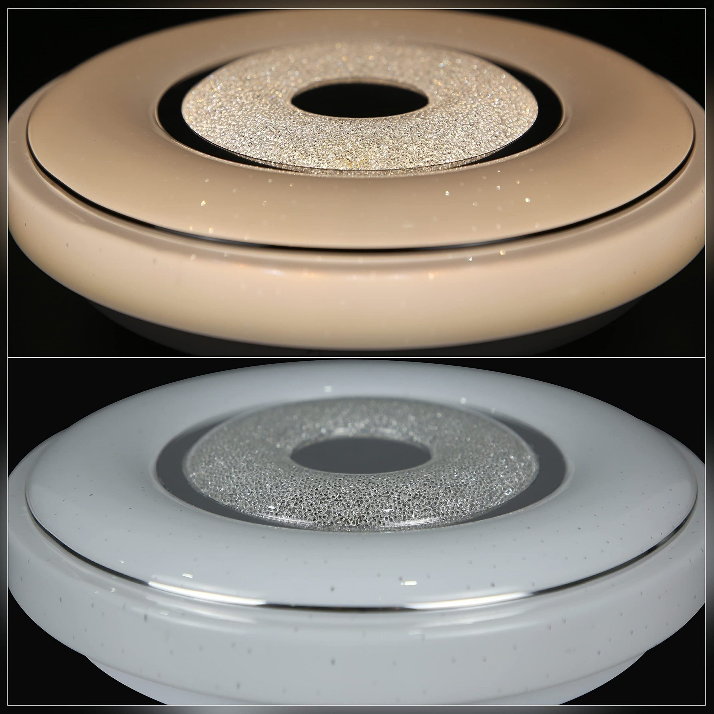 Zbliżenie dwóch okrągłych świateł, beżowego i białego, z błyszczącymi środkami.