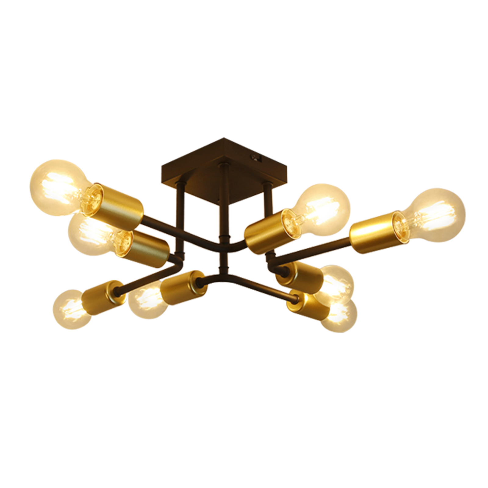 Czarna lampa sufitowa z ośmioma złotymi oprawkami żarówek i żarówkami. Tło jest białe.