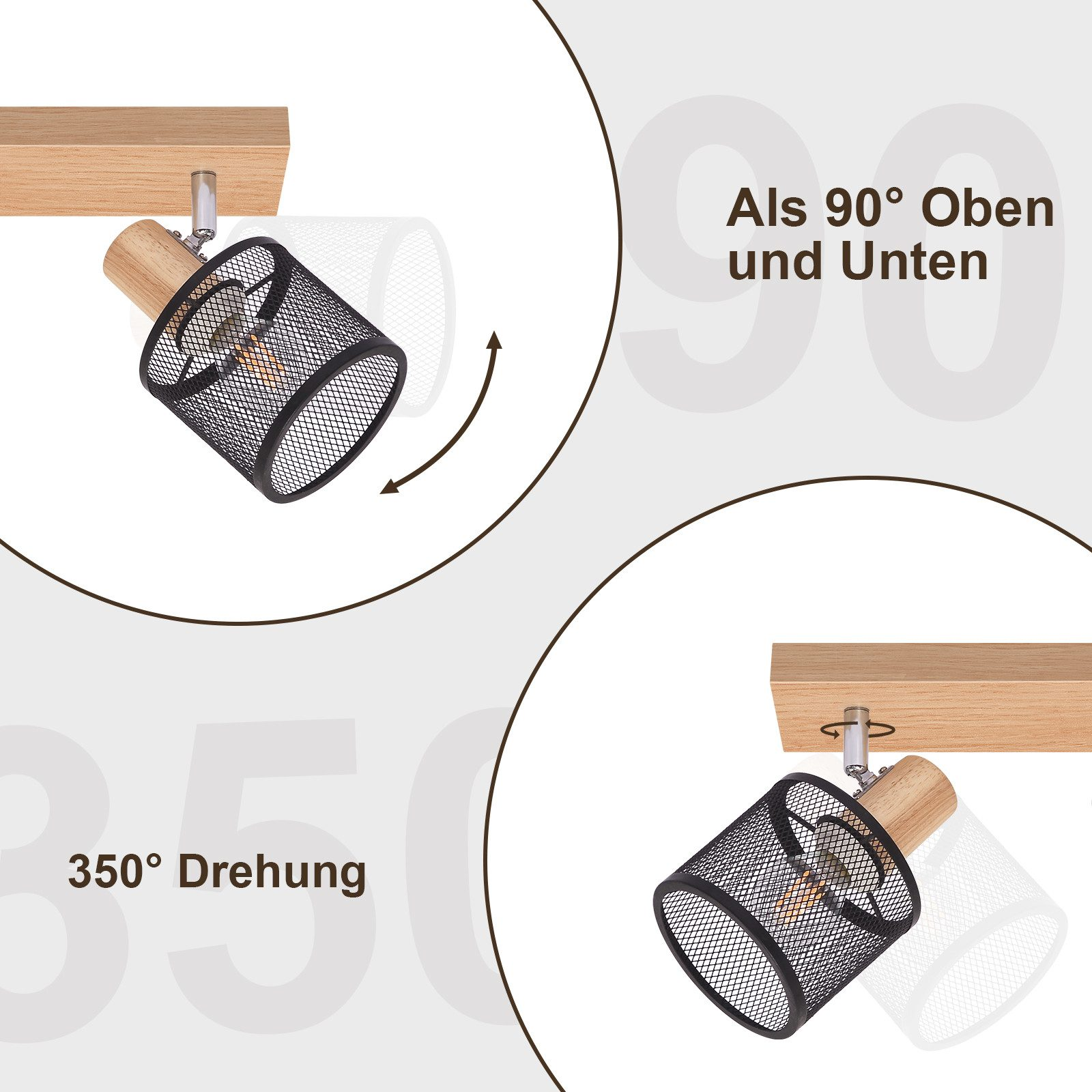 Czarny i drewniany reflektor, obrót 360°. Etykiety tekstowe: 90° góra/dół, obrót 350°.