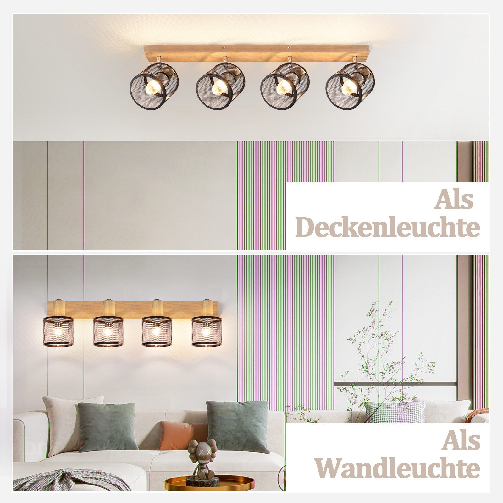 Lampy sufitowe i ścienne, drewniana belka trzyma czarne lampy z metalową siatką.