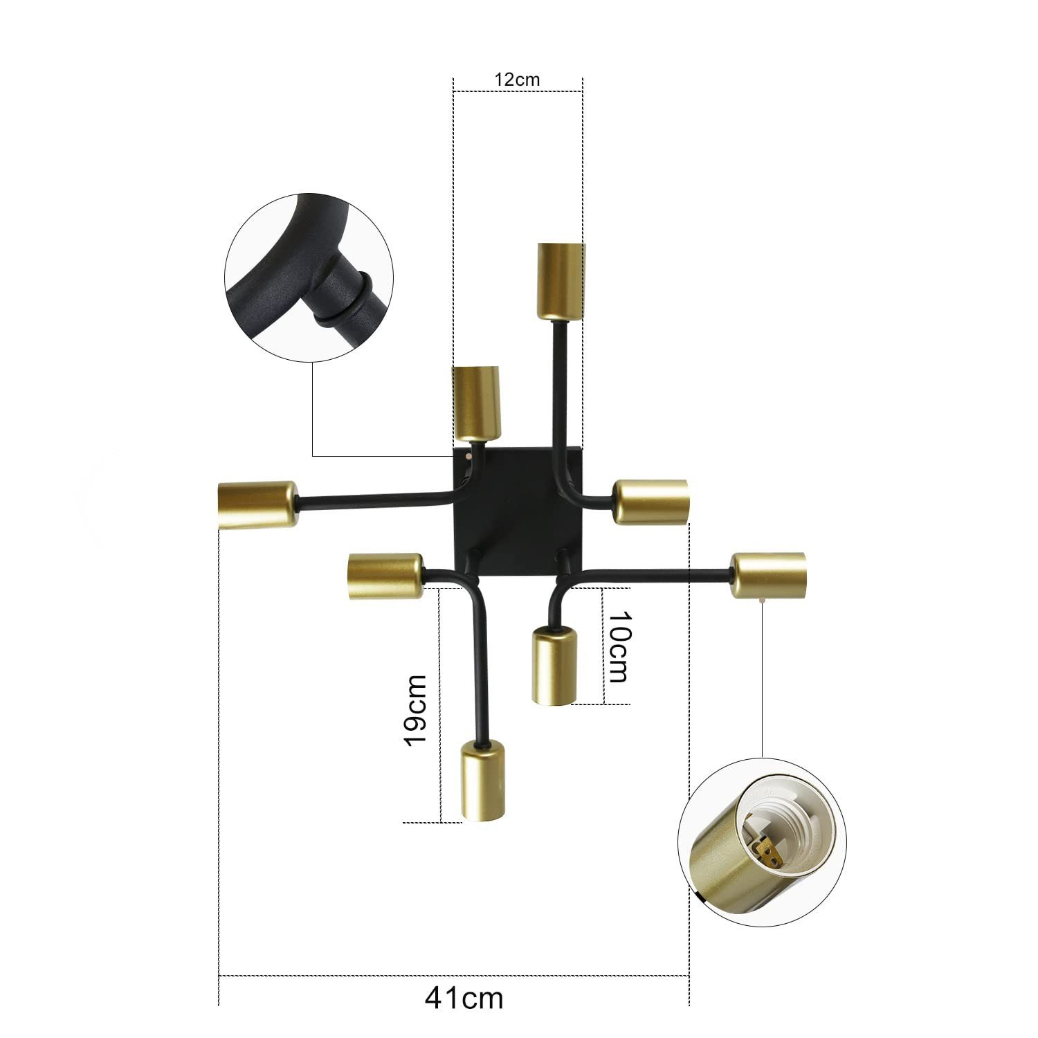 Czarna i złota nowoczesna oprawa oświetleniowa z oznaczonymi wymiarami na białym tle.