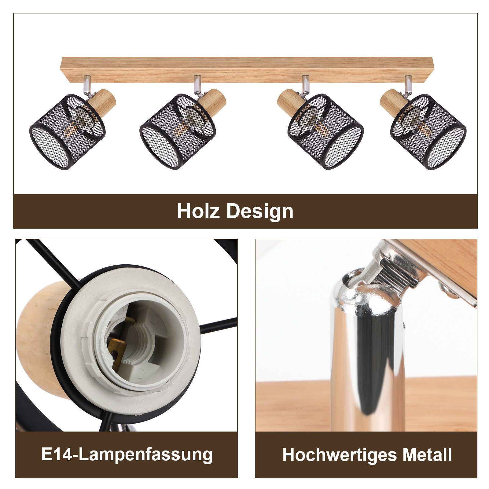 Drewniana belka z czterema czarno-srebrnymi reflektorami, ze szczegółowymi zdjęciami komponentów.