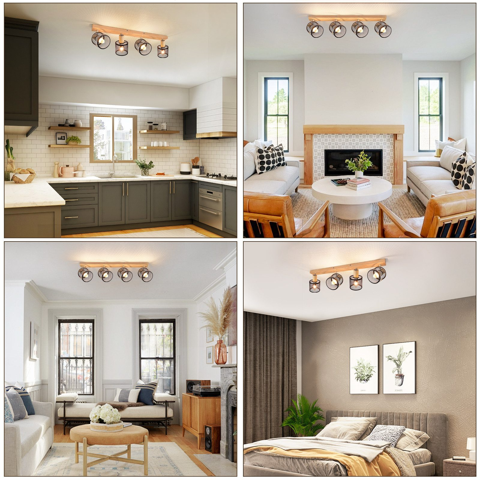 Cztery zdjęcia pokoi z lampami sufitowymi. Lampy mają drewnianą podstawę i szklane klosze.