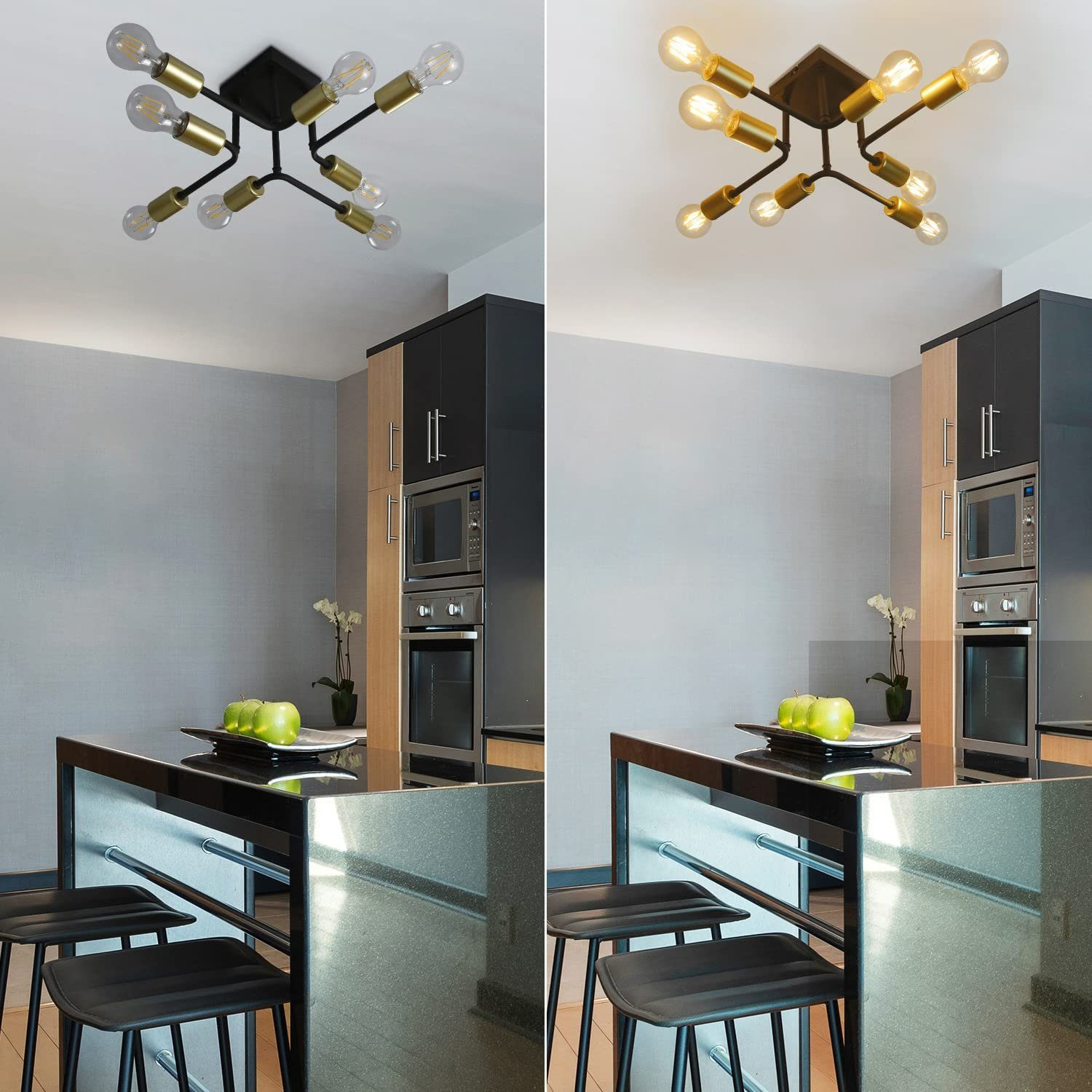 Dwa obrazy obok siebie lampy sufitowej z czarną podstawą i złotymi żarówkami. W tle kuchnia.