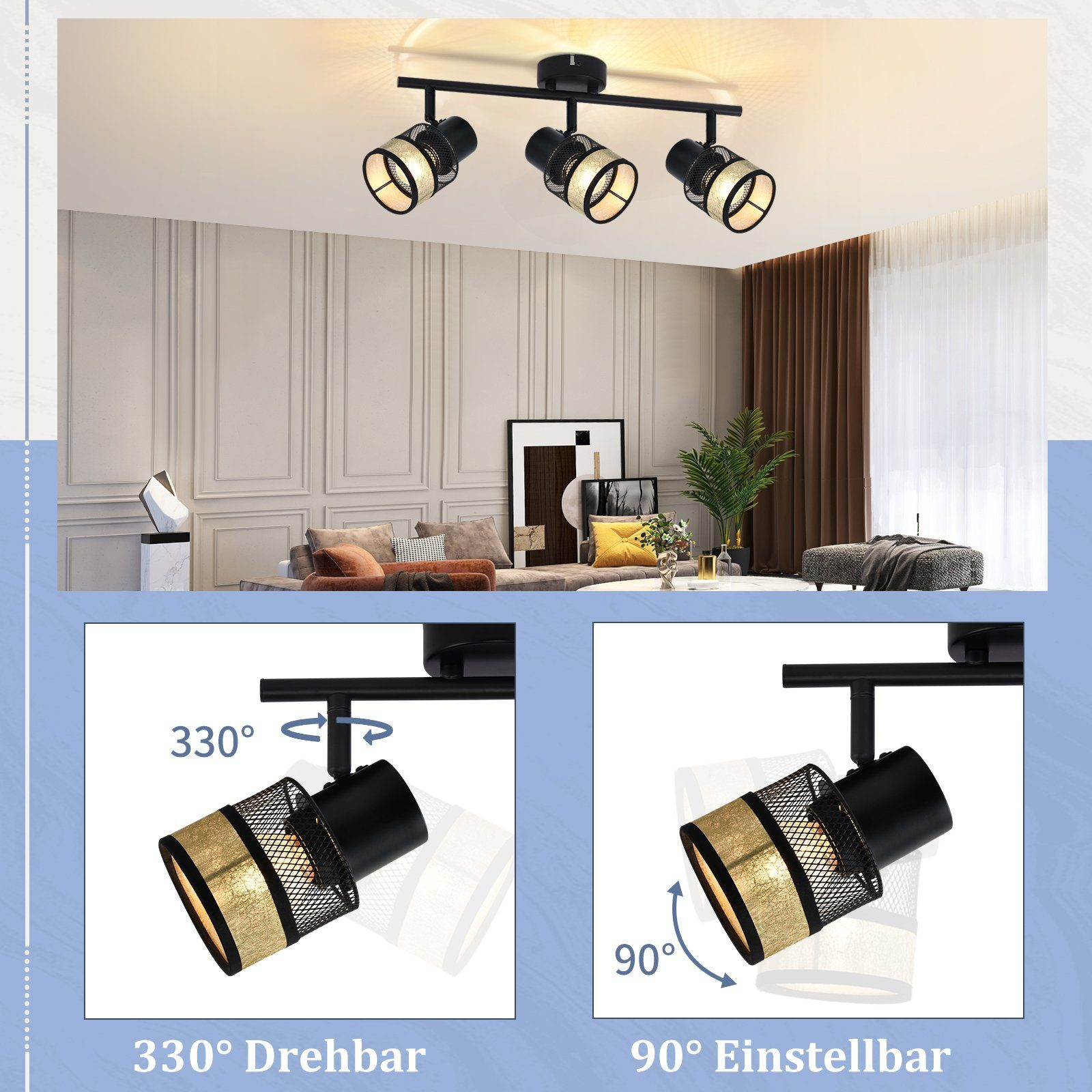 Czarne oświetlenie szynowe z trzema regulowanymi reflektorami. Dwa zbliżenia pokazujące regulację.