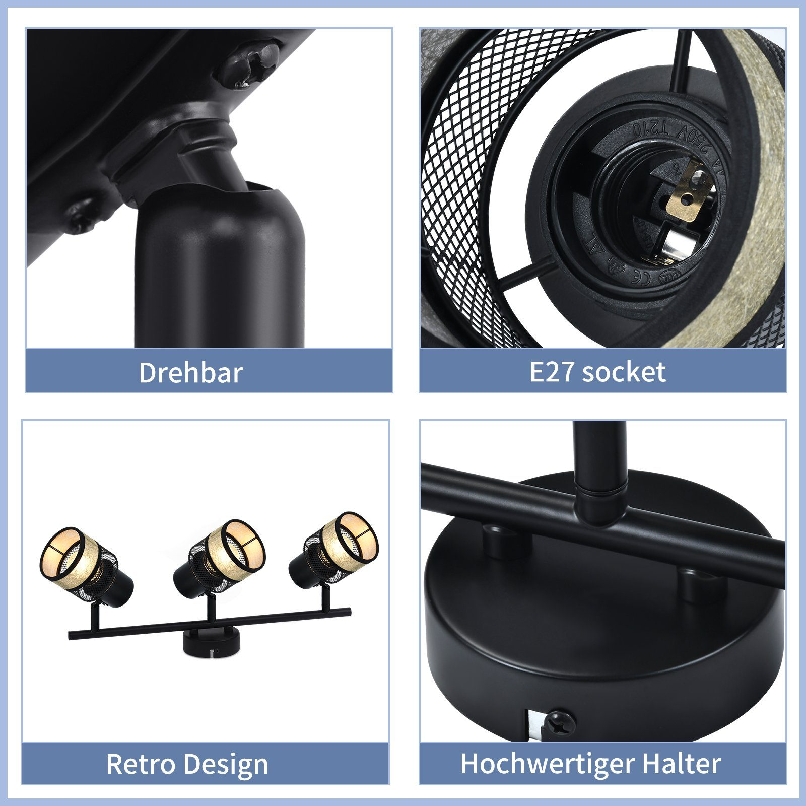 Zbliżenia czarnej lampy w stylu retro, z gniazdem E27 i regulowanymi elementami.