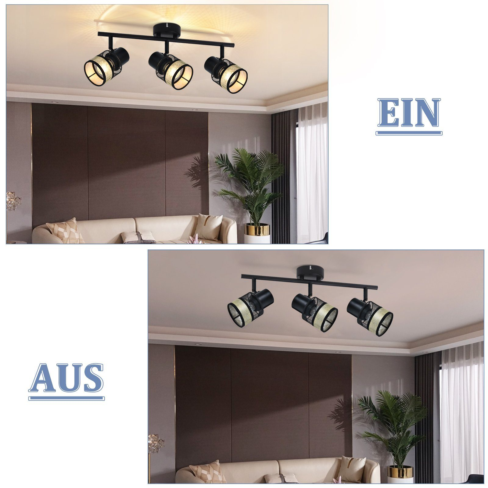 Dwa zdjęcia oświetlenia szynowego, włączonego i wyłączonego. Czarne oświetlenie szynowe, białe tło.