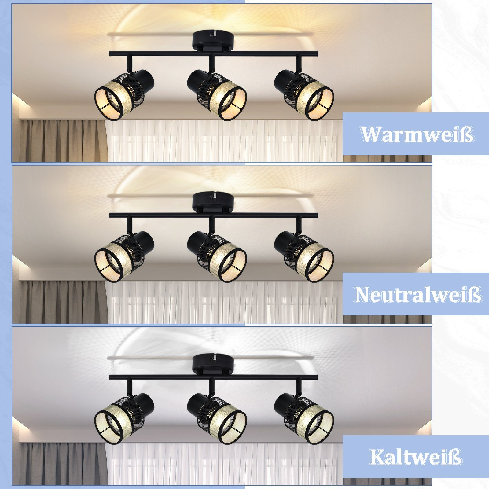 Trzy reflektory na czarnej szynie, o różnych temperaturach barwowych: ciepła biel, neutralna i zimna biel.