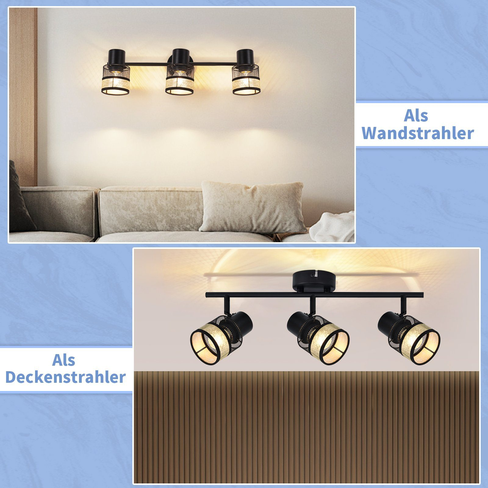 Zestaw czarnych reflektorów na białej ścianie i suficie. Obraz ma dwa różne ujęcia.